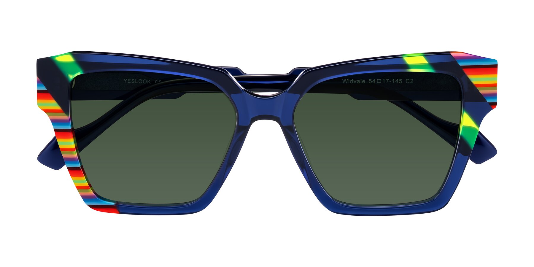 Folded Front of Widvale in Indigo Deco with Green Tinted Lenses