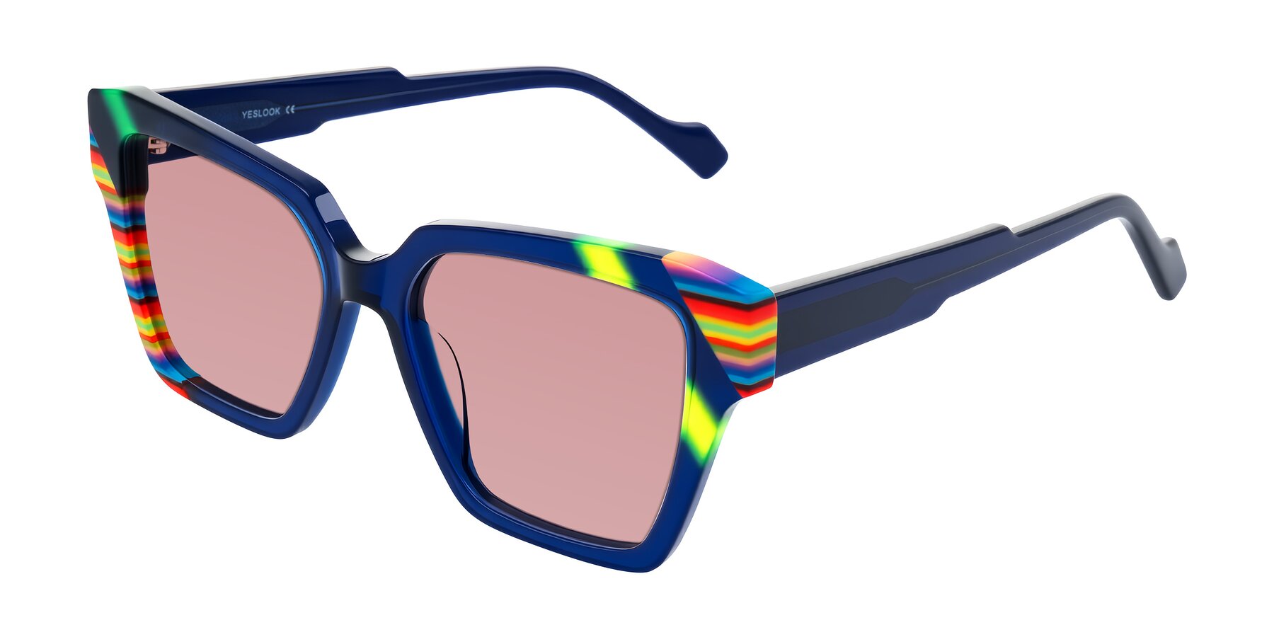 Angle of Widvale in Indigo Deco with Medium Garnet Tinted Lenses