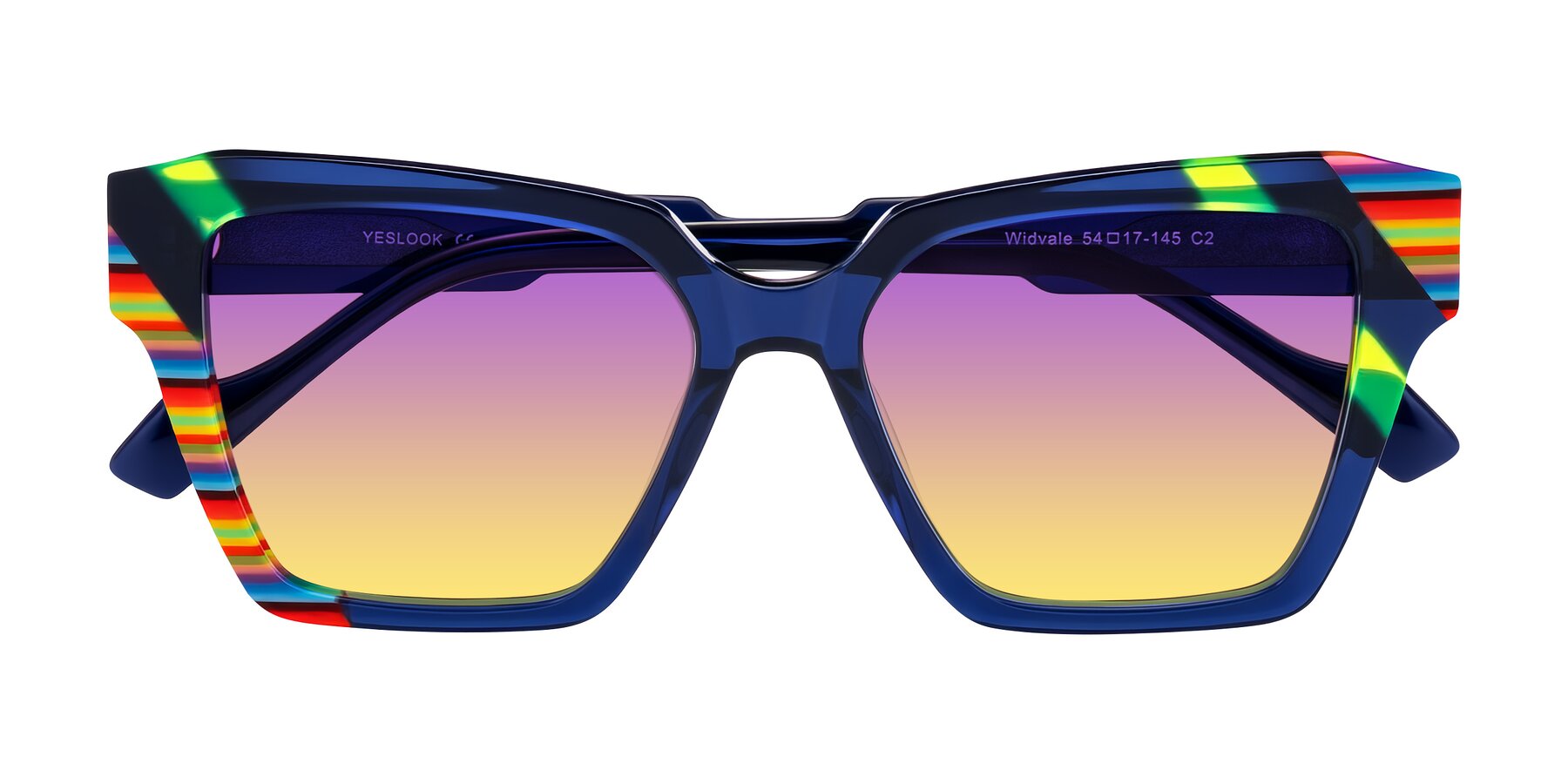 Folded Front of Widvale in Indigo Deco with Purple / Yellow Gradient Lenses