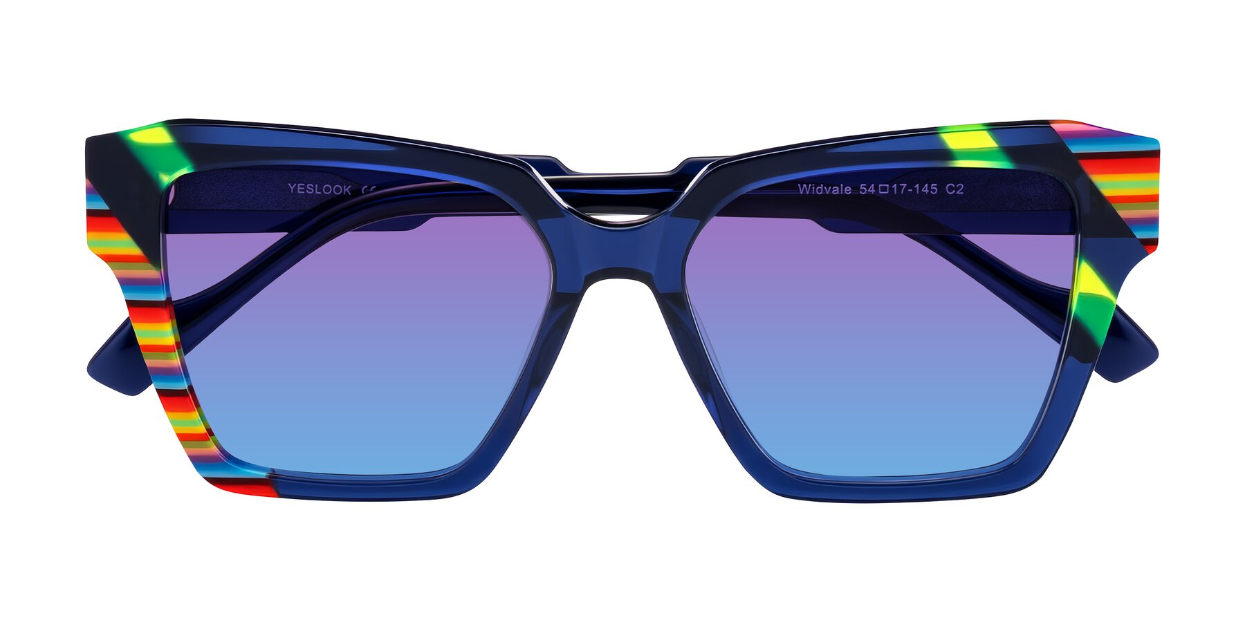 Folded Front of Widvale in Indigo Deco with Purple / Blue Gradient Lenses