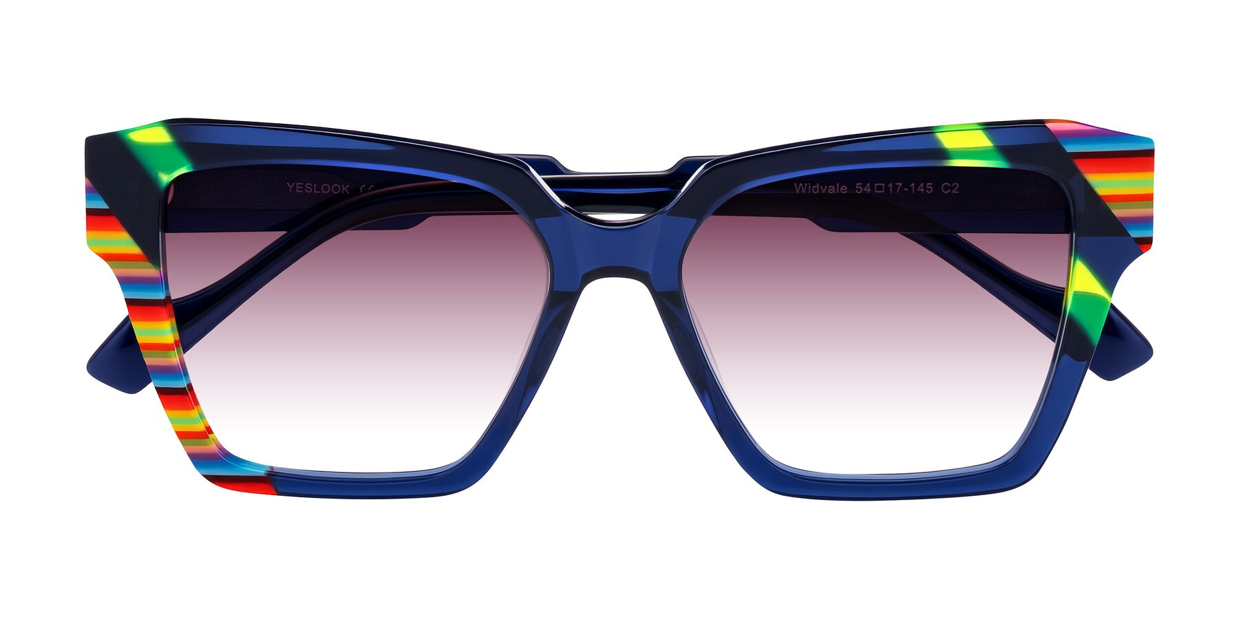 Folded Front of Widvale in Indigo Deco with Wine Gradient Lenses