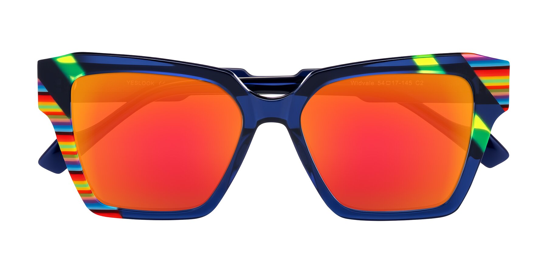 Folded Front of Widvale in Indigo Deco with Red Gold Mirrored Lenses