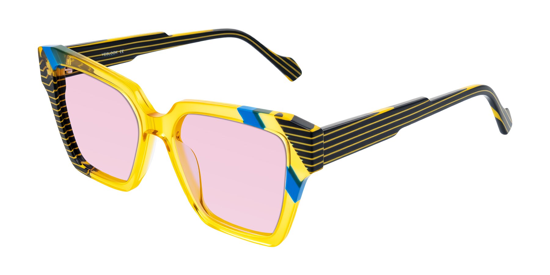 Angle of Widvale in Amber Deco with Light Pink Tinted Lenses