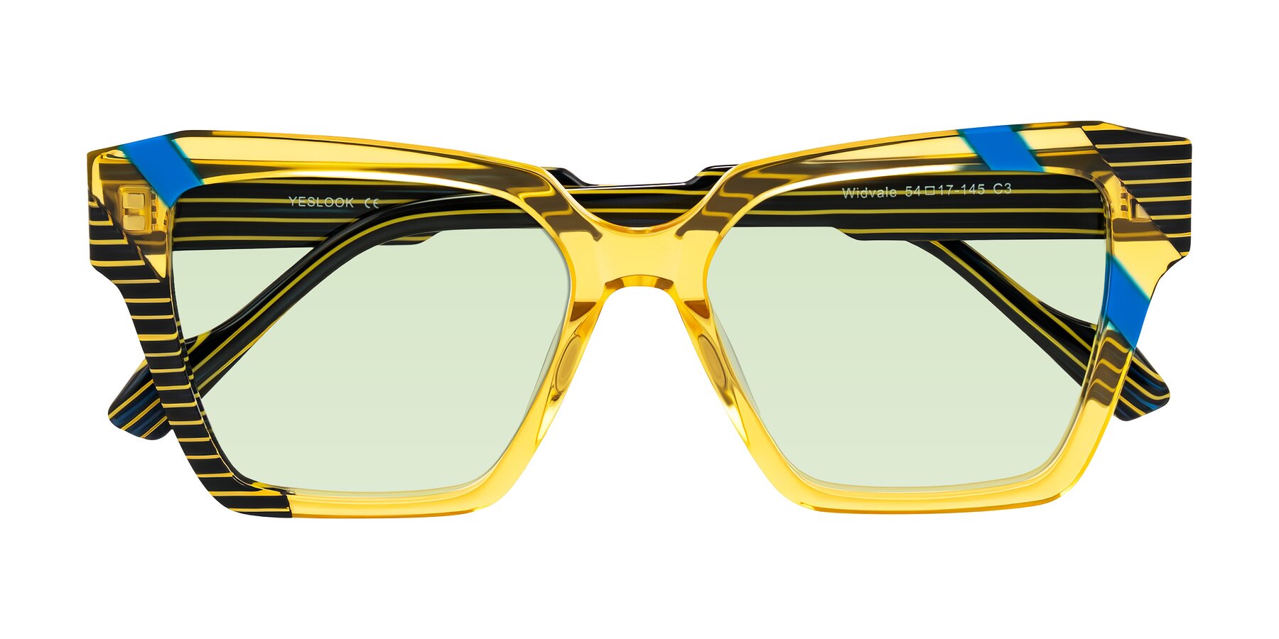 Folded Front of Widvale in Amber Deco with Light Green Tinted Lenses