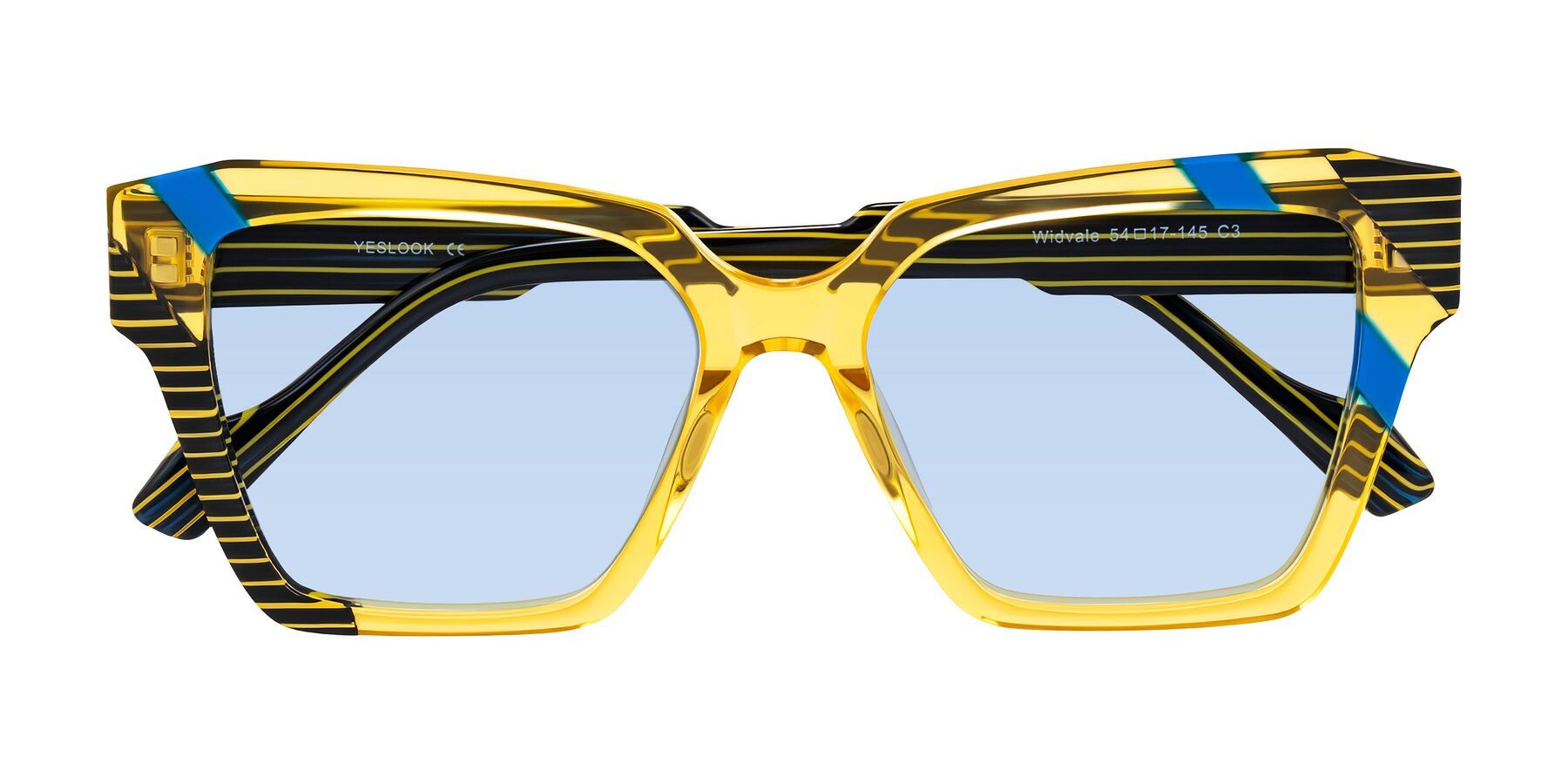 Folded Front of Widvale in Amber Deco with Light Blue Tinted Lenses