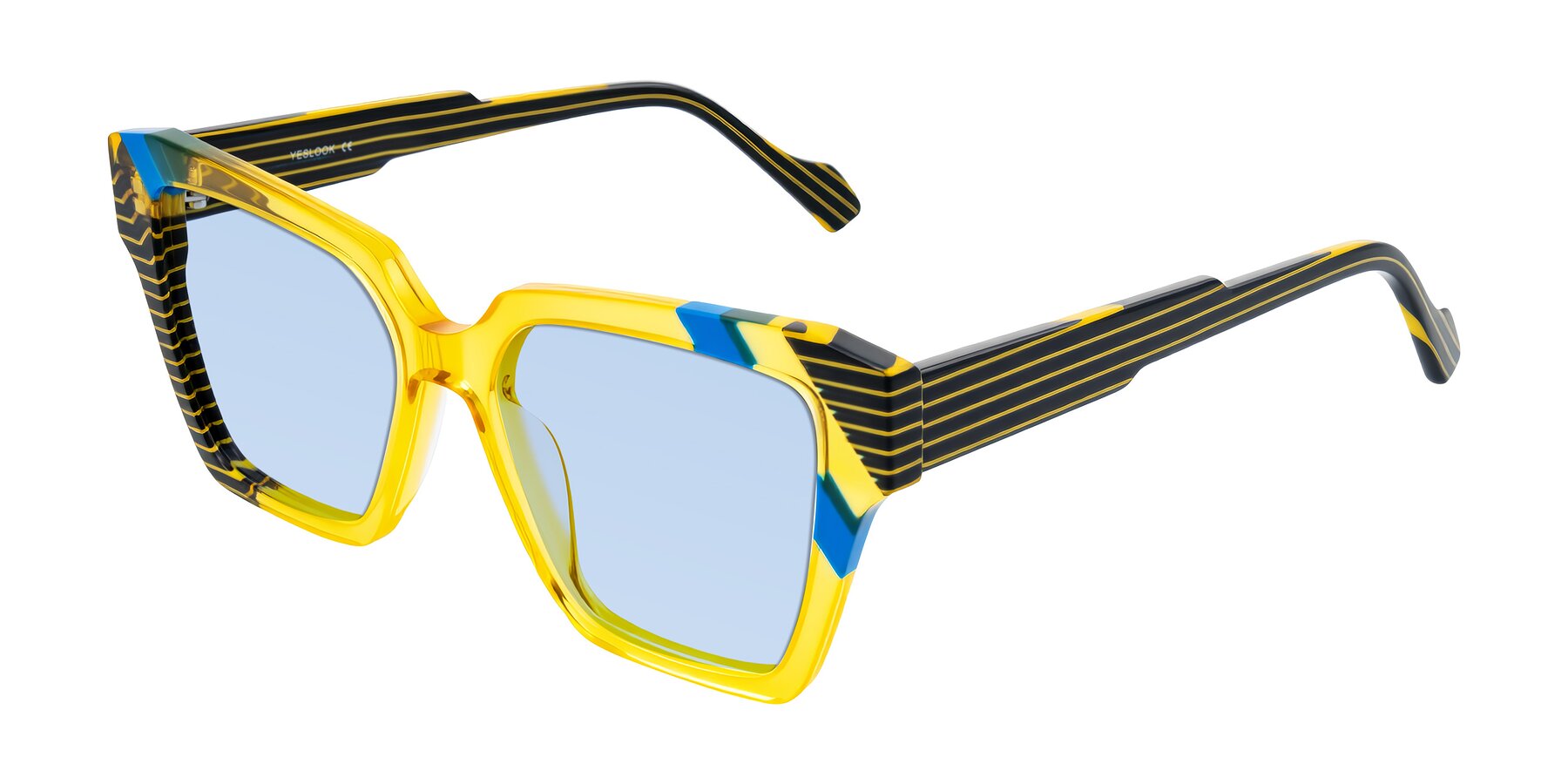Angle of Widvale in Amber Deco with Light Blue Tinted Lenses