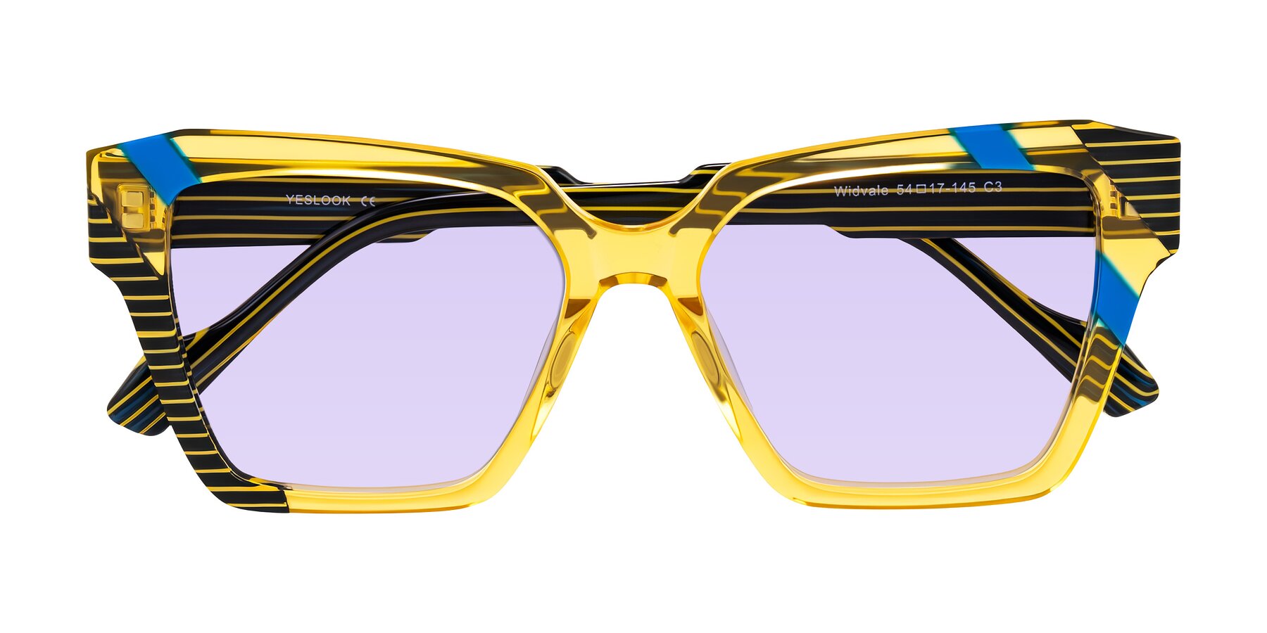 Folded Front of Widvale in Amber Deco with Light Purple Tinted Lenses