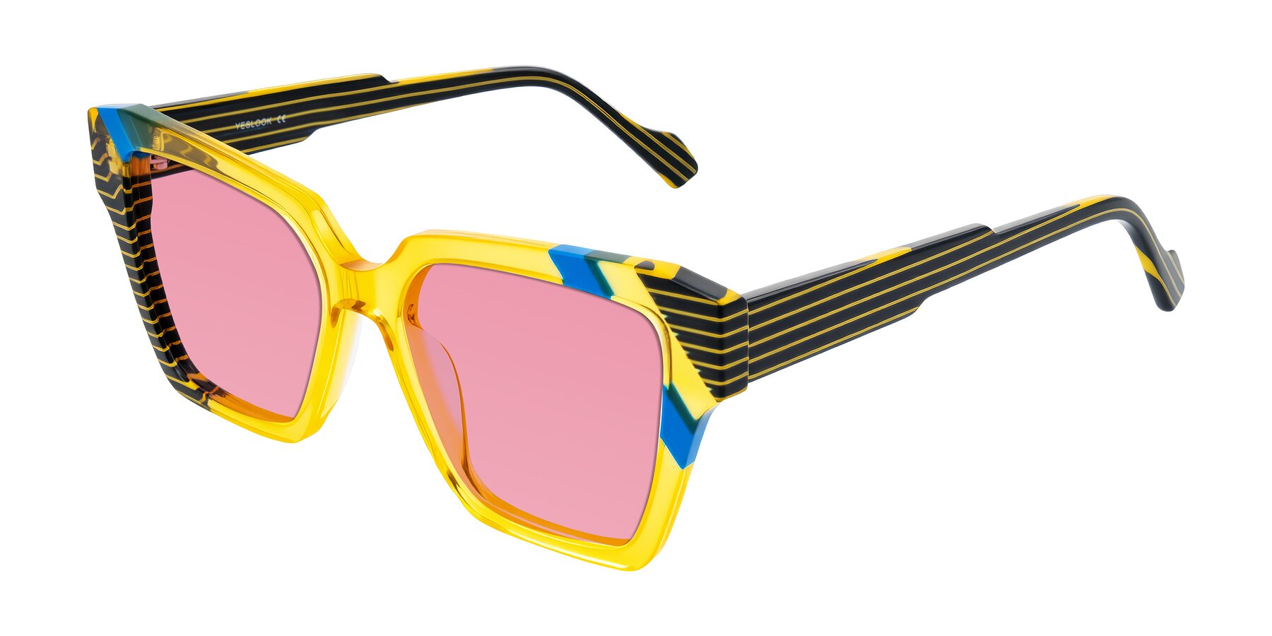 Angle of Widvale in Amber Deco with Pink Tinted Lenses