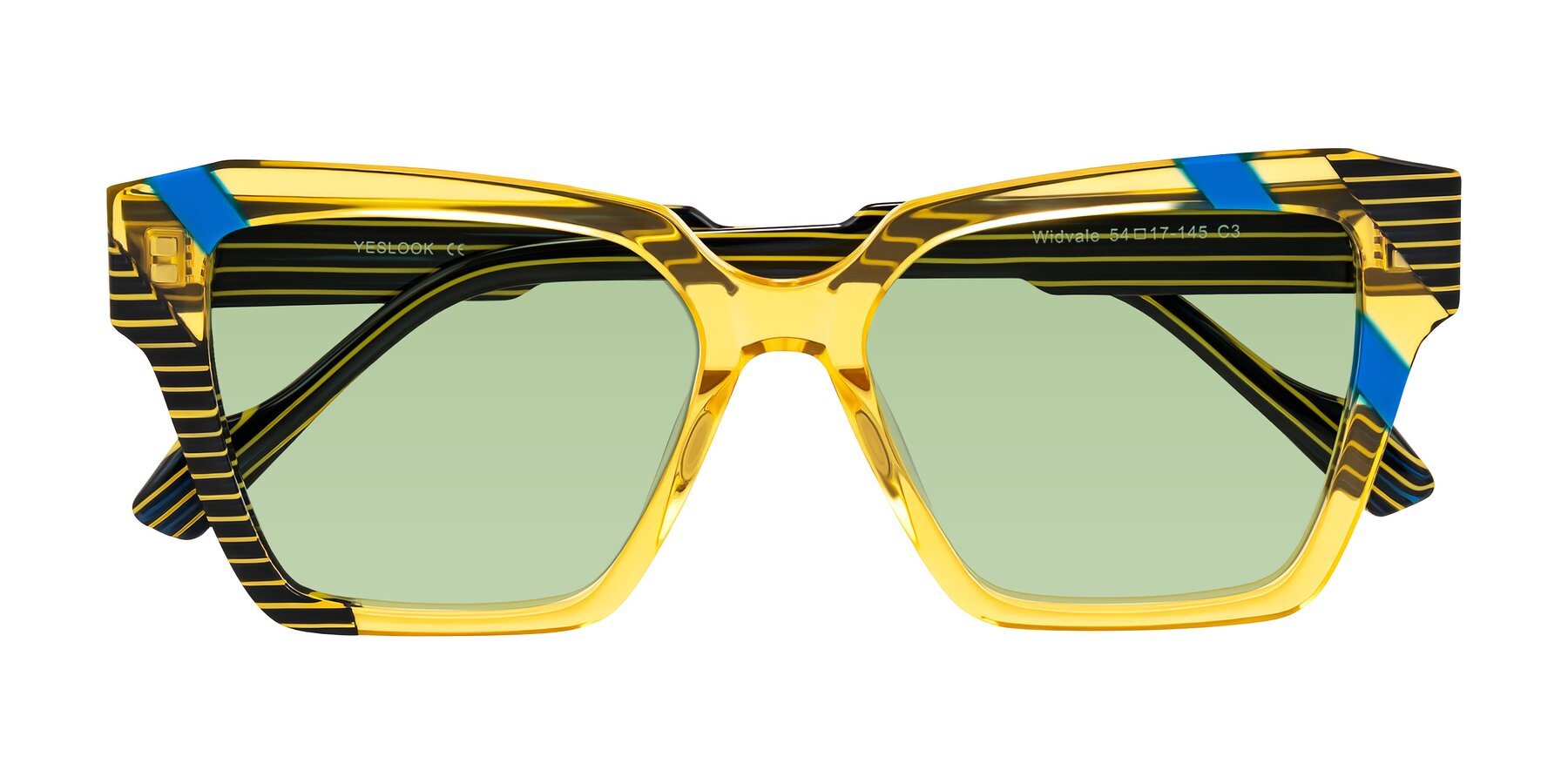 Folded Front of Widvale in Amber Deco with Medium Green Tinted Lenses