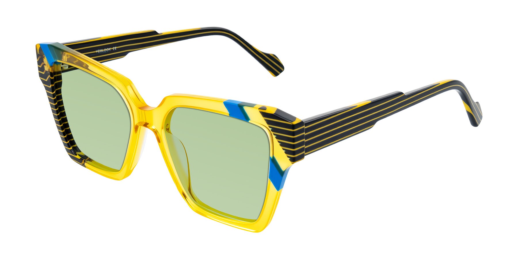 Angle of Widvale in Amber Deco with Medium Green Tinted Lenses