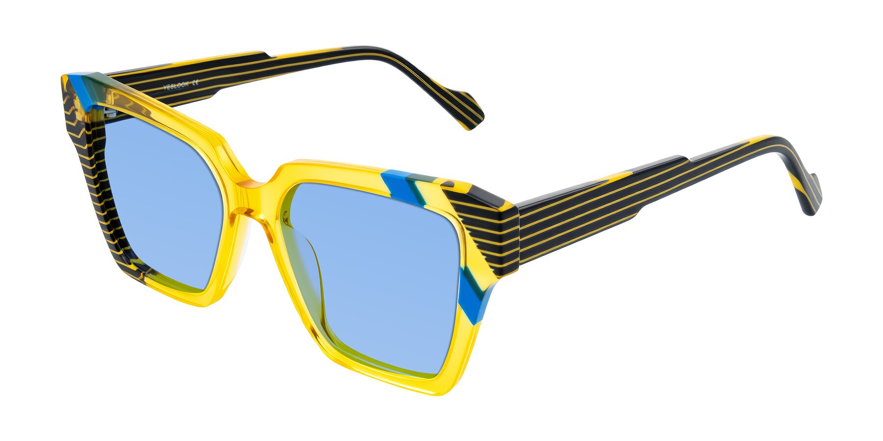 Angle of Widvale in Amber Deco with Medium Blue Tinted Lenses