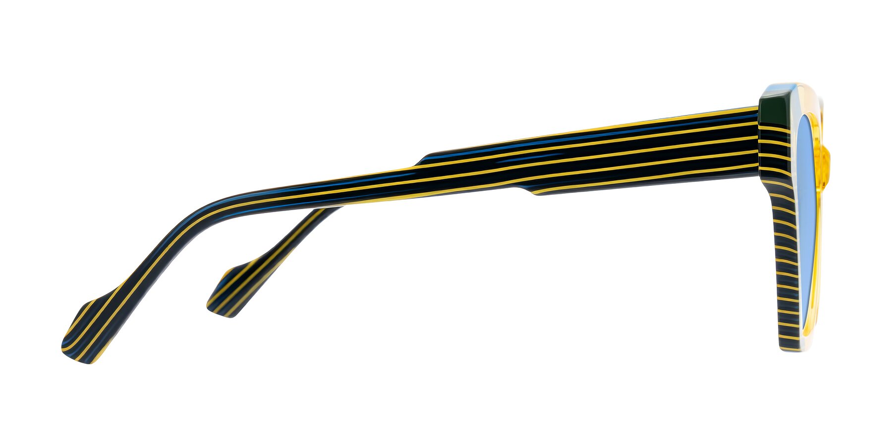 Side of Widvale in Amber Deco with Medium Blue Tinted Lenses