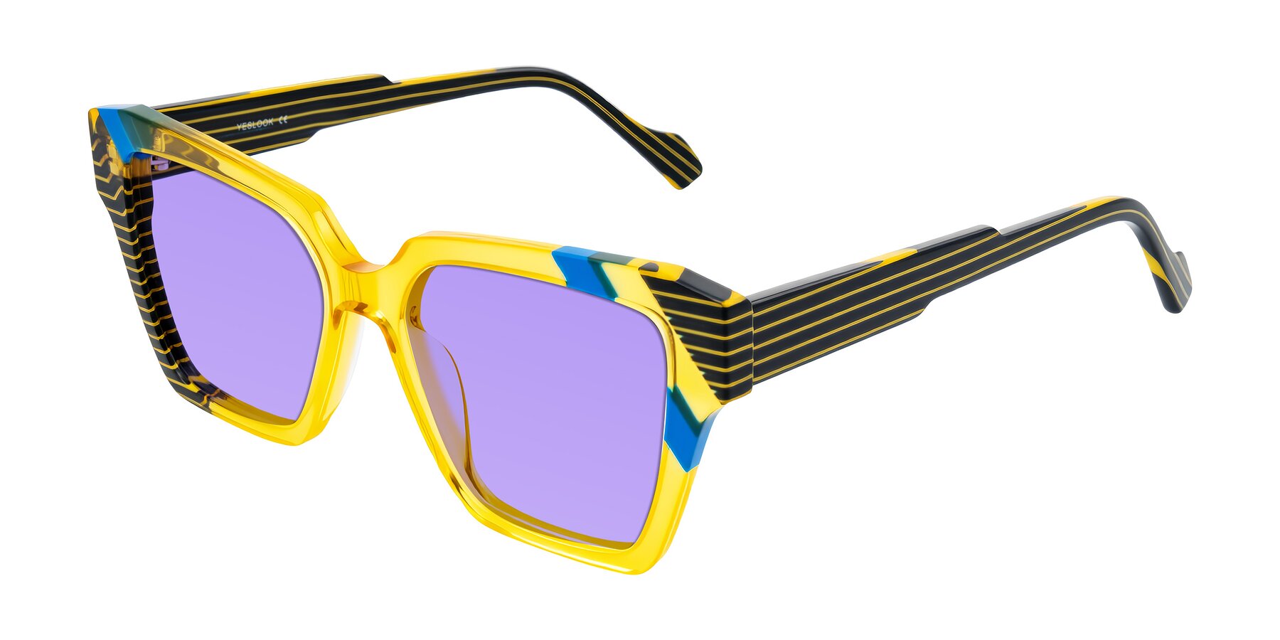Angle of Widvale in Amber Deco with Medium Purple Tinted Lenses