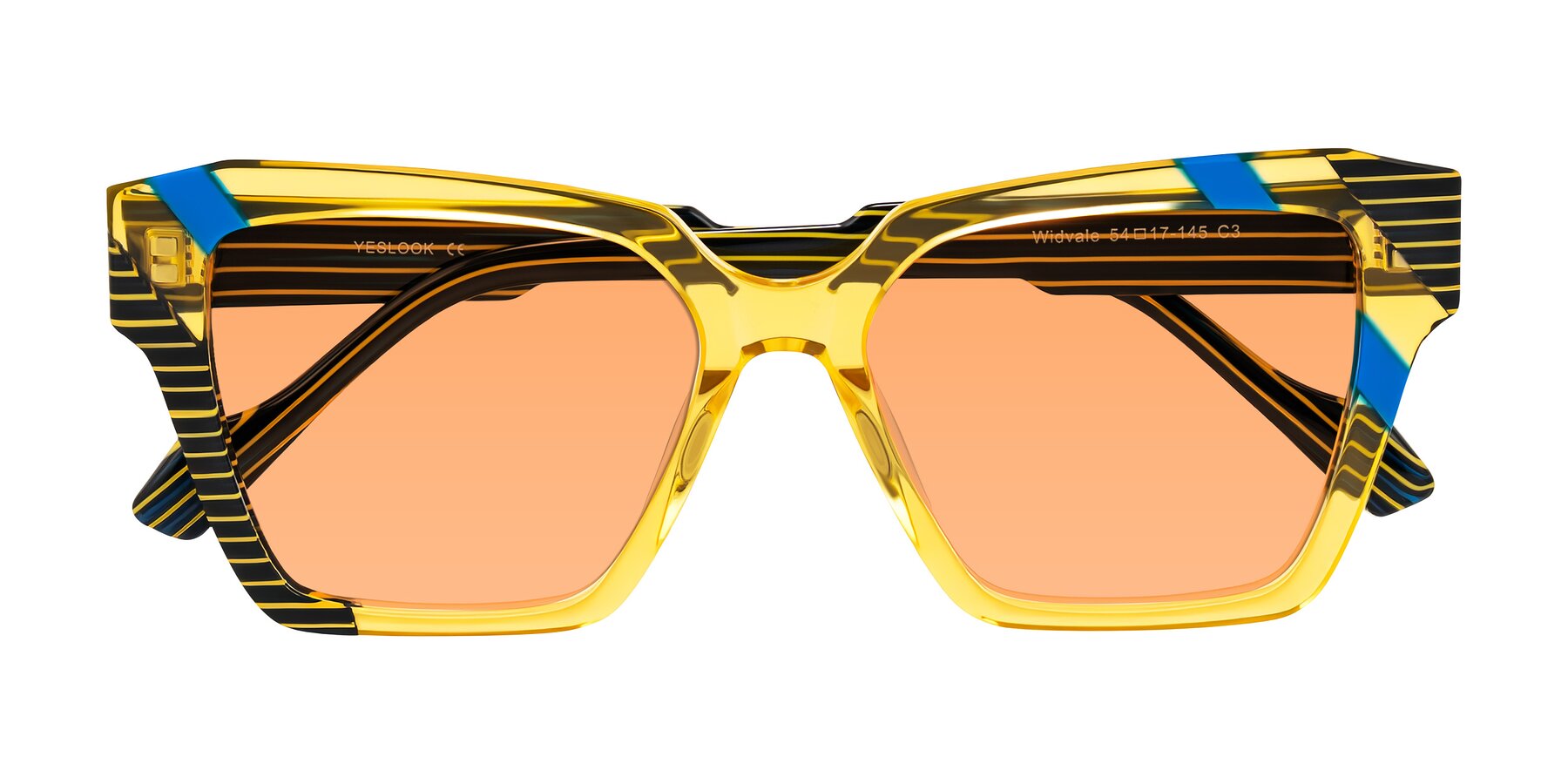 Folded Front of Widvale in Amber Deco with Medium Orange Tinted Lenses
