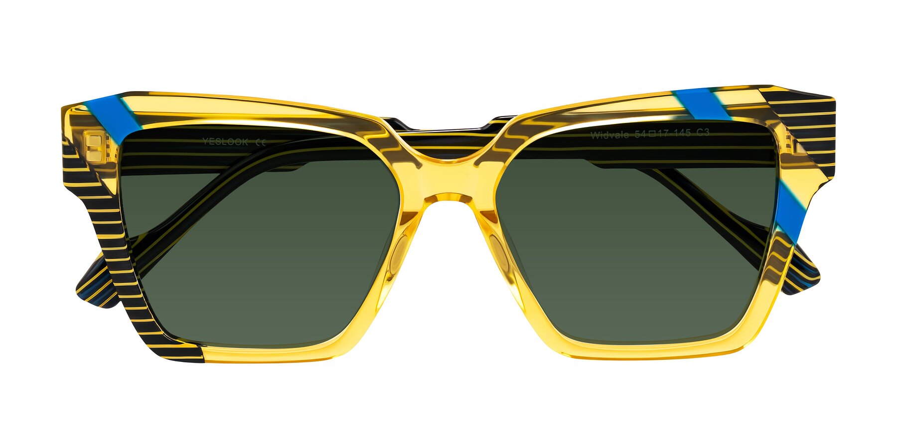 Folded Front of Widvale in Amber Deco with Green Tinted Lenses