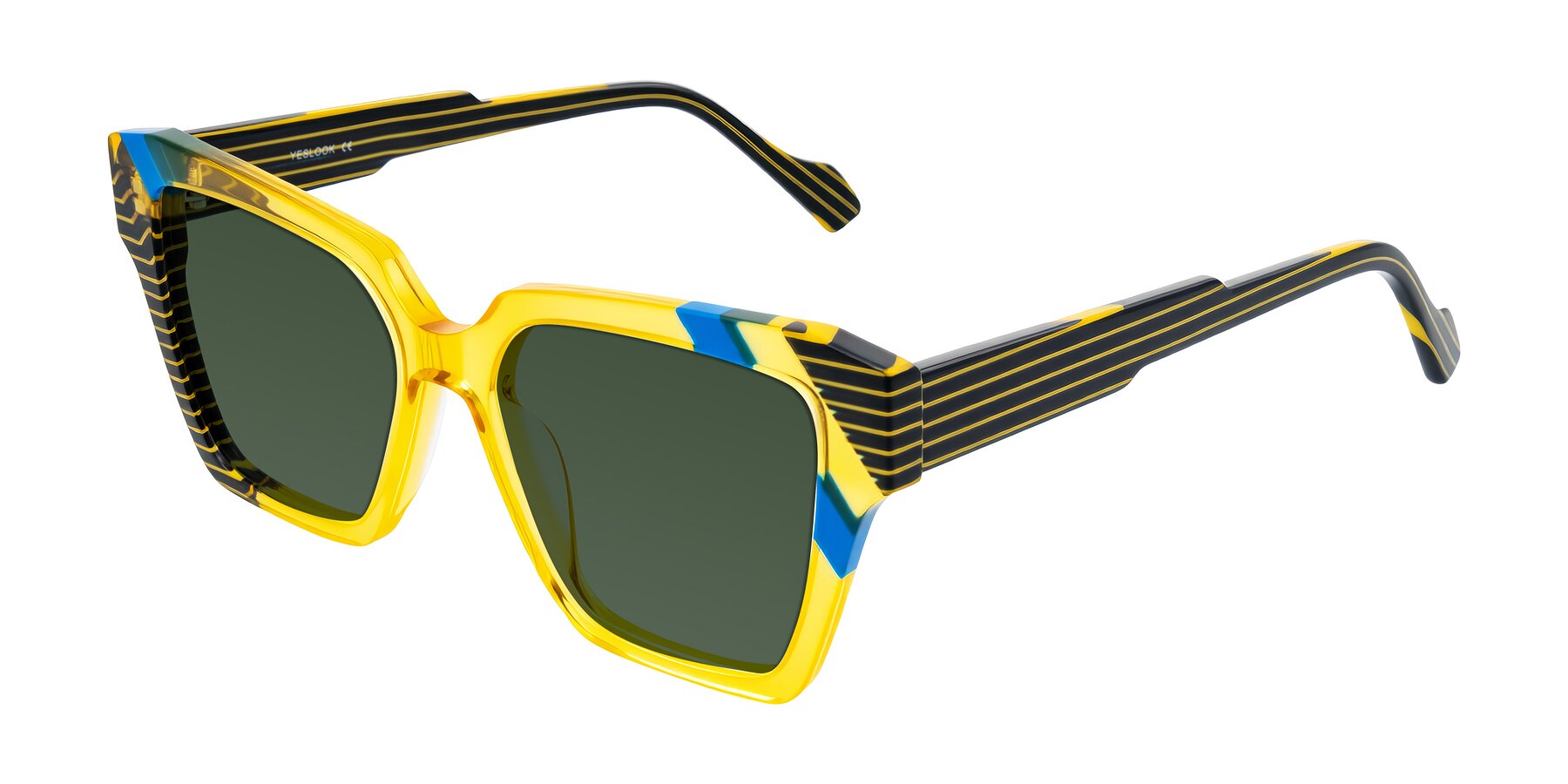 Angle of Widvale in Amber Deco with Green Tinted Lenses