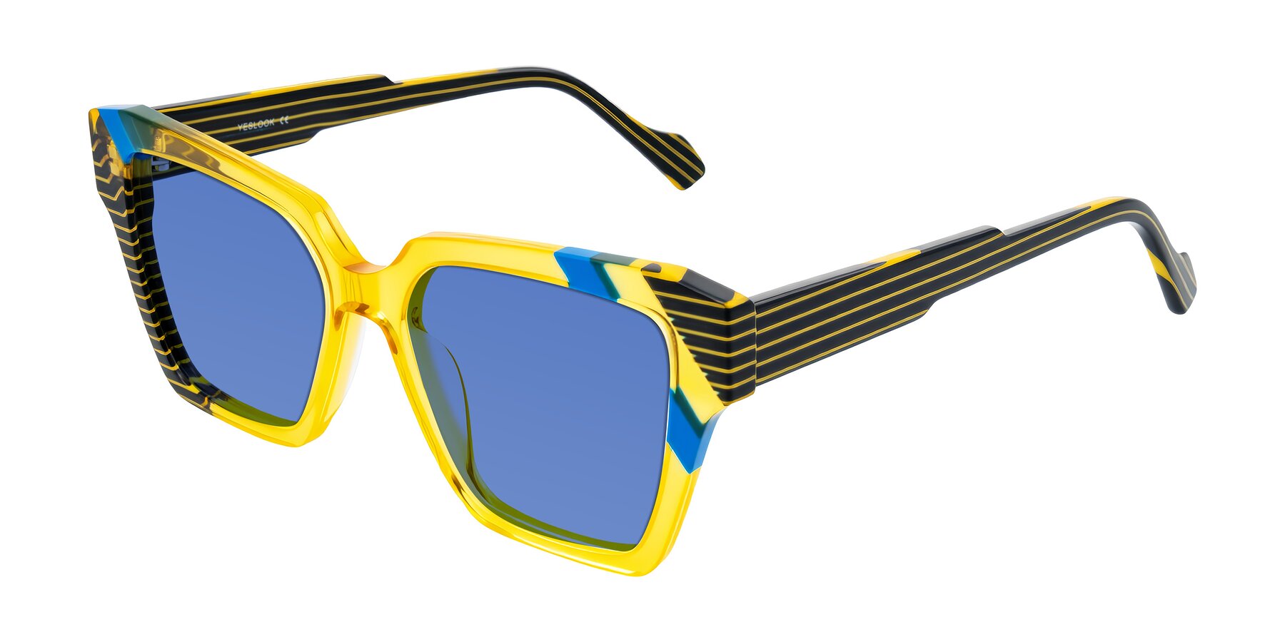 Angle of Widvale in Amber Deco with Blue Tinted Lenses