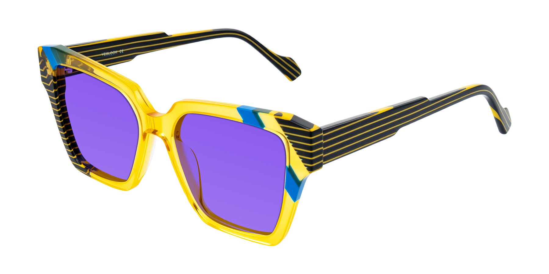 Angle of Widvale in Amber Deco with Purple Tinted Lenses