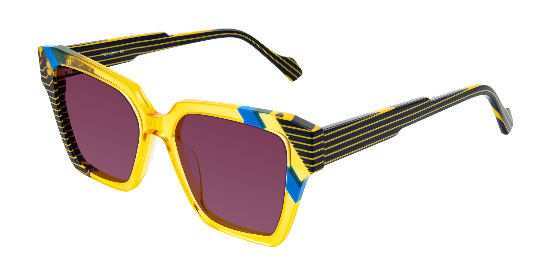 Angle of Widvale in Amber Deco with Wine Tinted Lenses