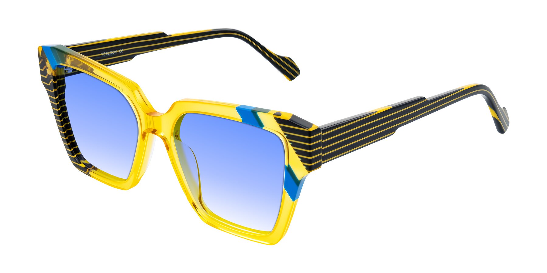 Angle of Widvale in Amber Deco with Blue Gradient Lenses