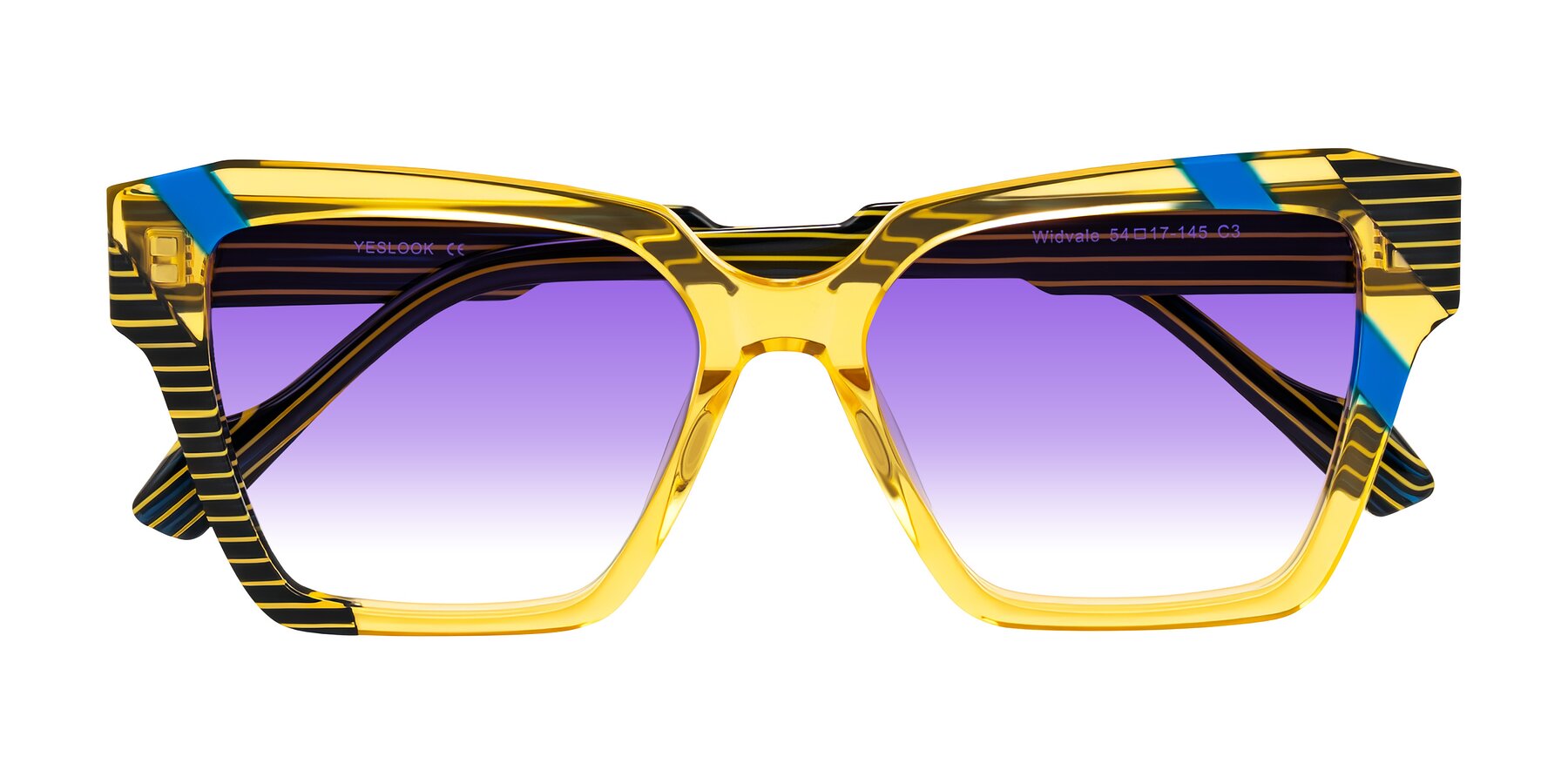 Folded Front of Widvale in Amber Deco with Purple Gradient Lenses