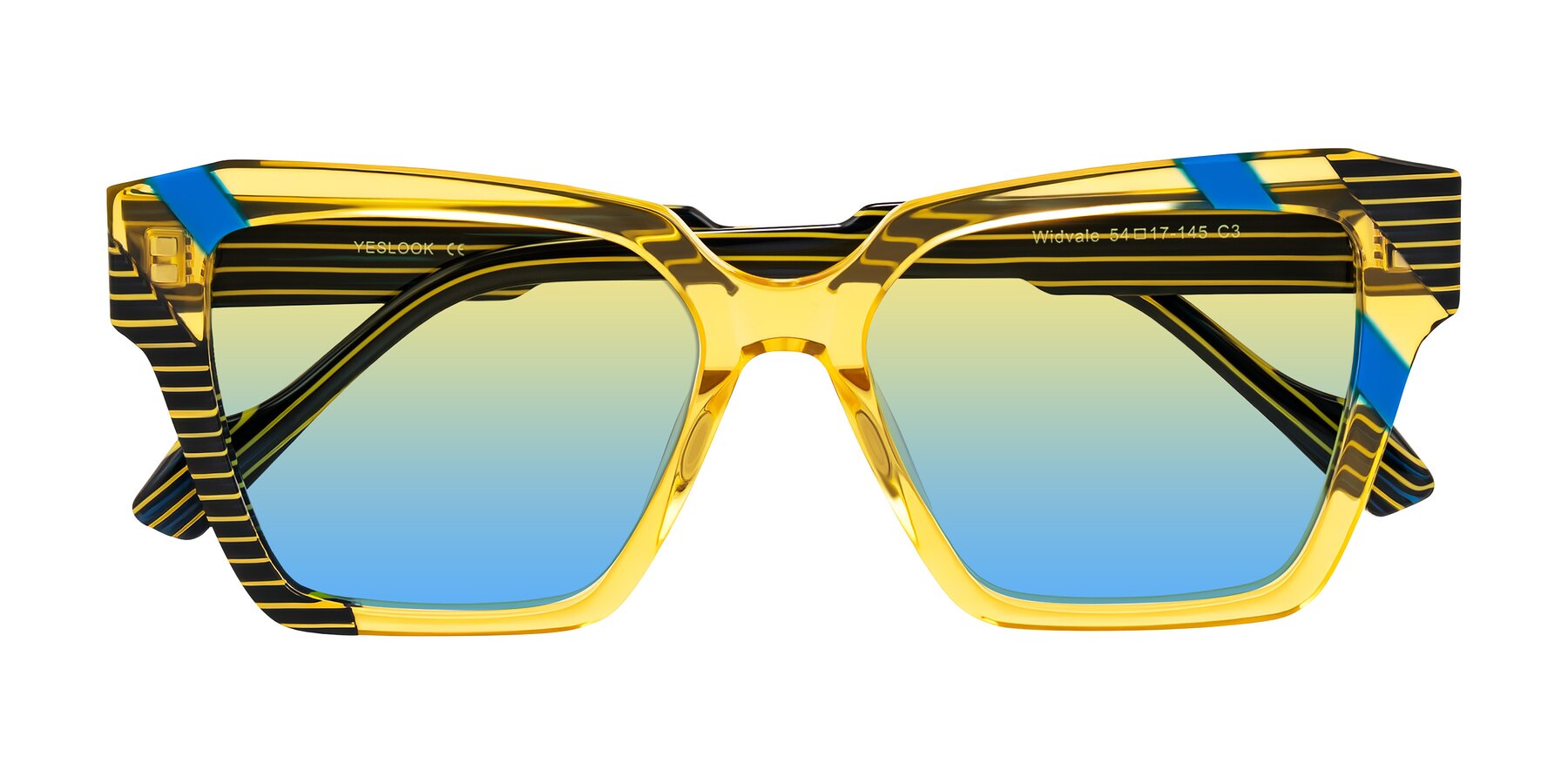 Folded Front of Widvale in Amber Deco with Yellow / Blue Gradient Lenses