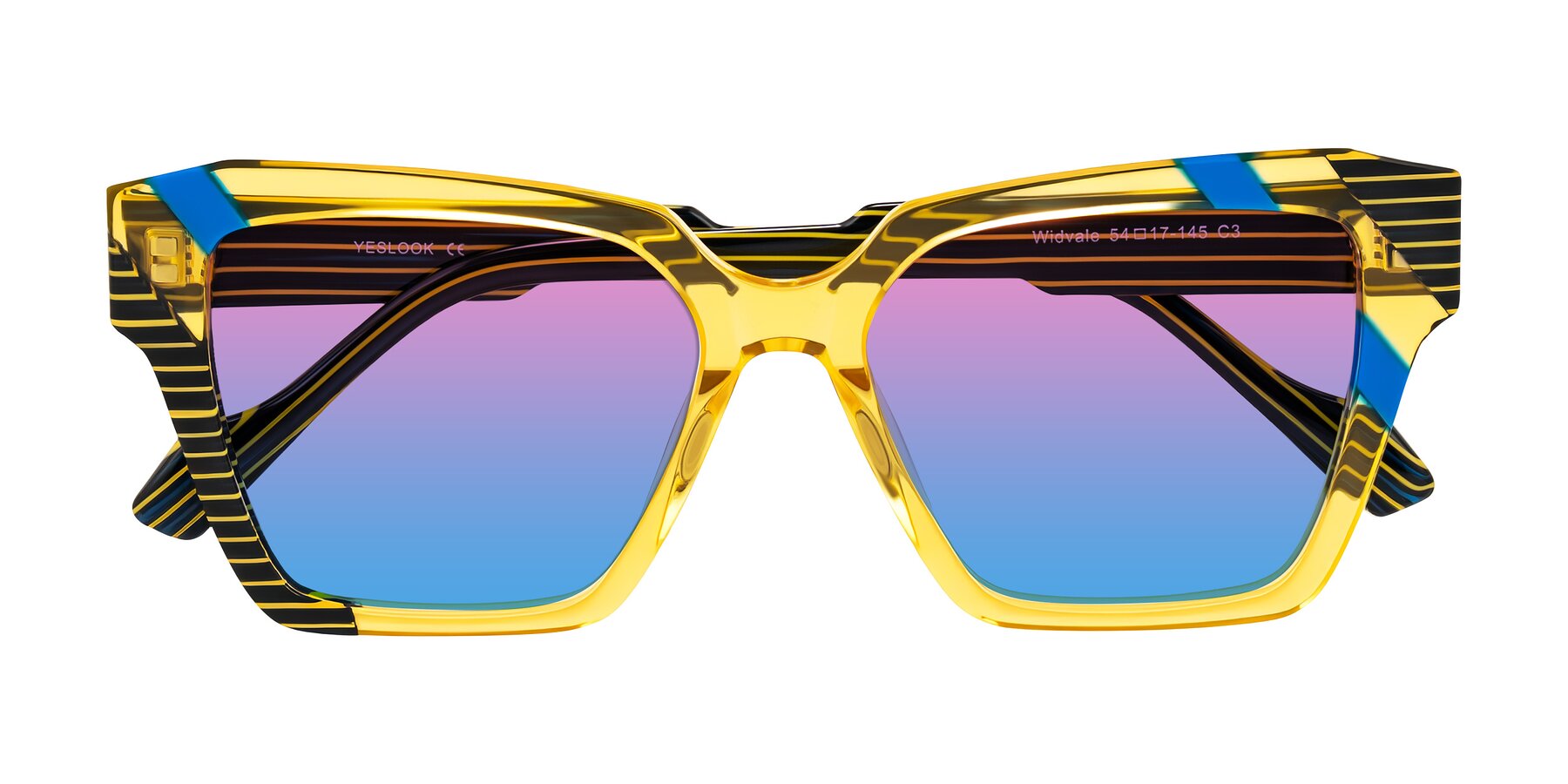 Folded Front of Widvale in Amber Deco with Pink / Blue Gradient Lenses