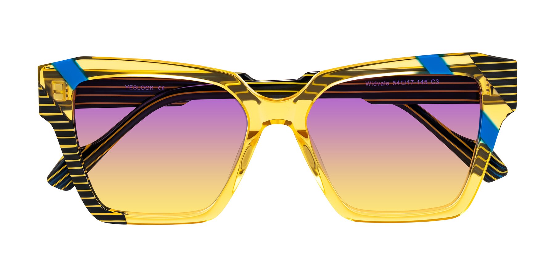 Folded Front of Widvale in Amber Deco with Purple / Yellow Gradient Lenses