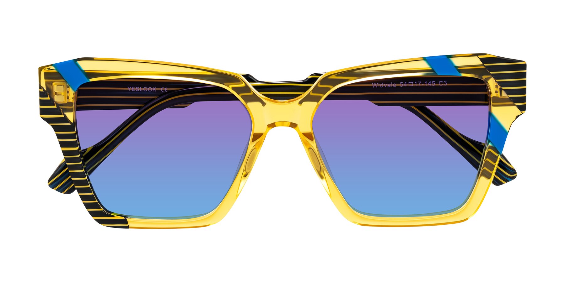 Folded Front of Widvale in Amber Deco with Purple / Blue Gradient Lenses