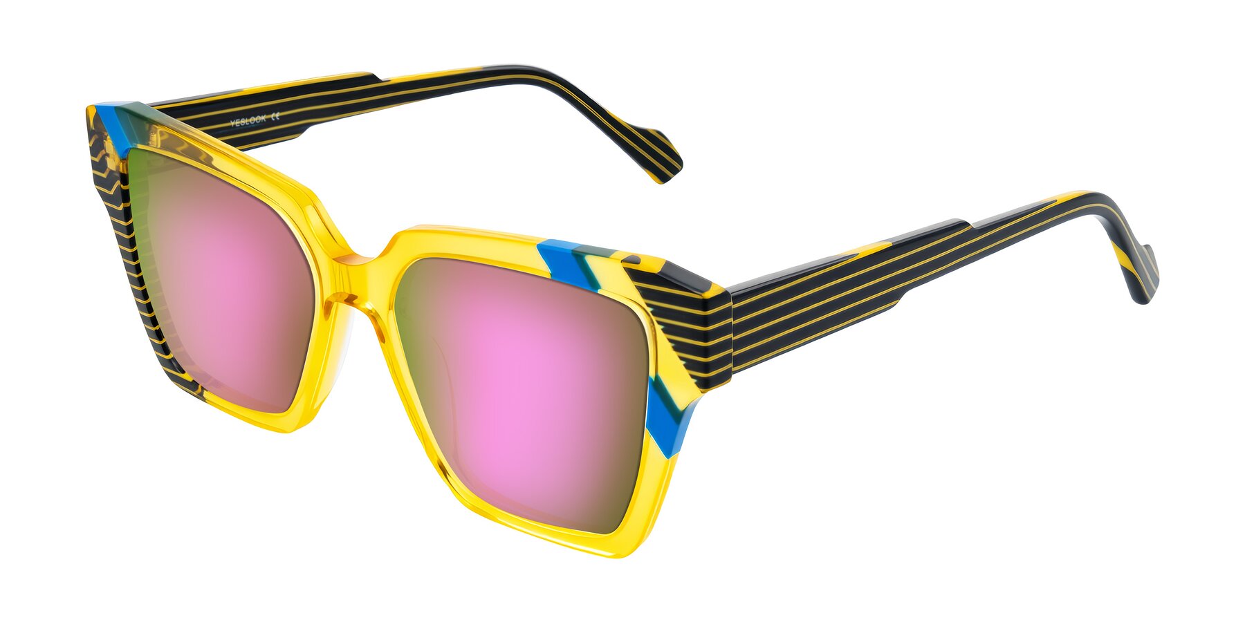 Angle of Widvale in Amber Deco with Pink Mirrored Lenses