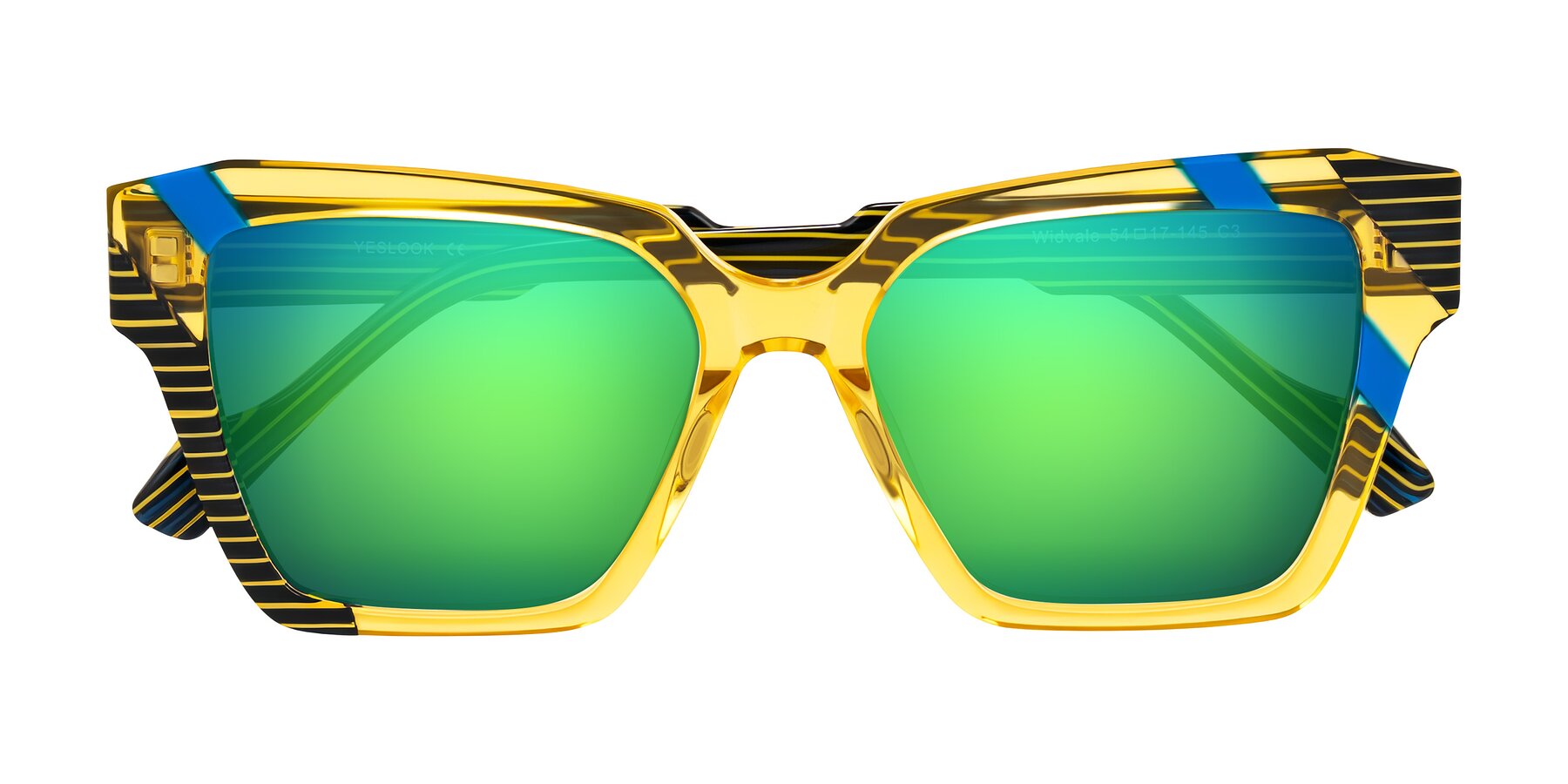 Folded Front of Widvale in Amber Deco with Green Mirrored Lenses