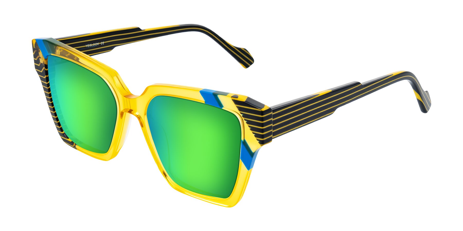 Angle of Widvale in Amber Deco with Green Mirrored Lenses