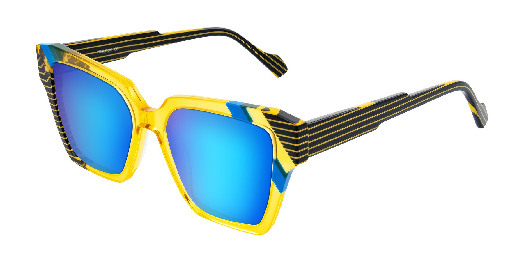 Angle of Widvale in Amber Deco with Blue Mirrored Lenses