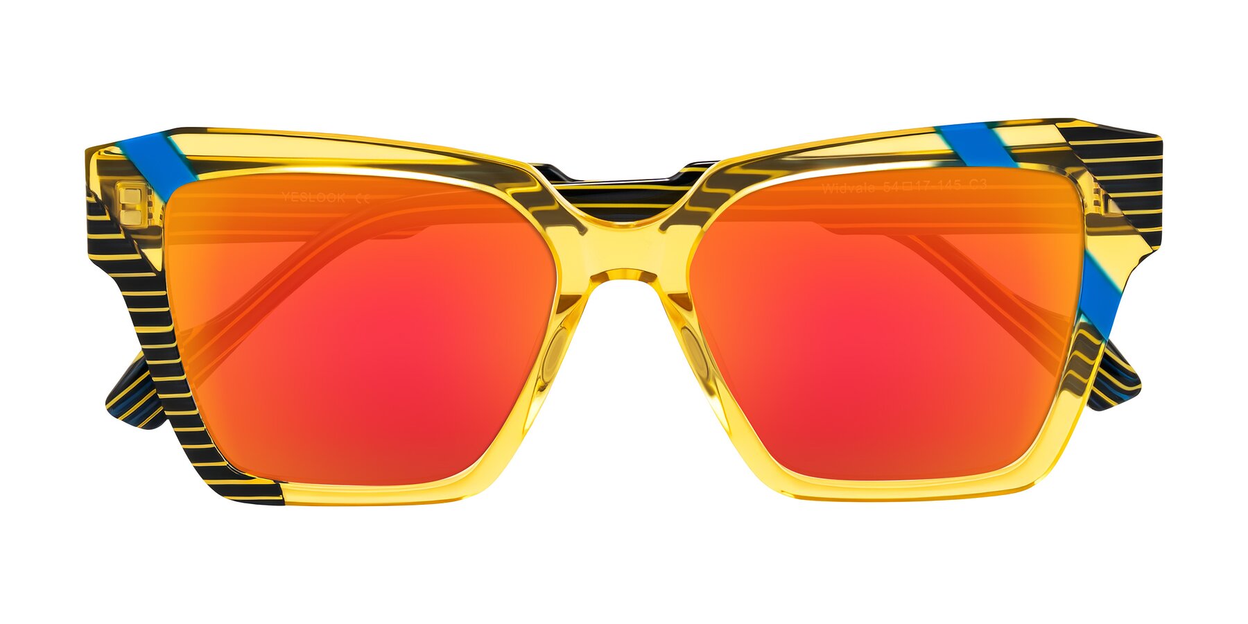 Folded Front of Widvale in Amber Deco with Red Gold Mirrored Lenses