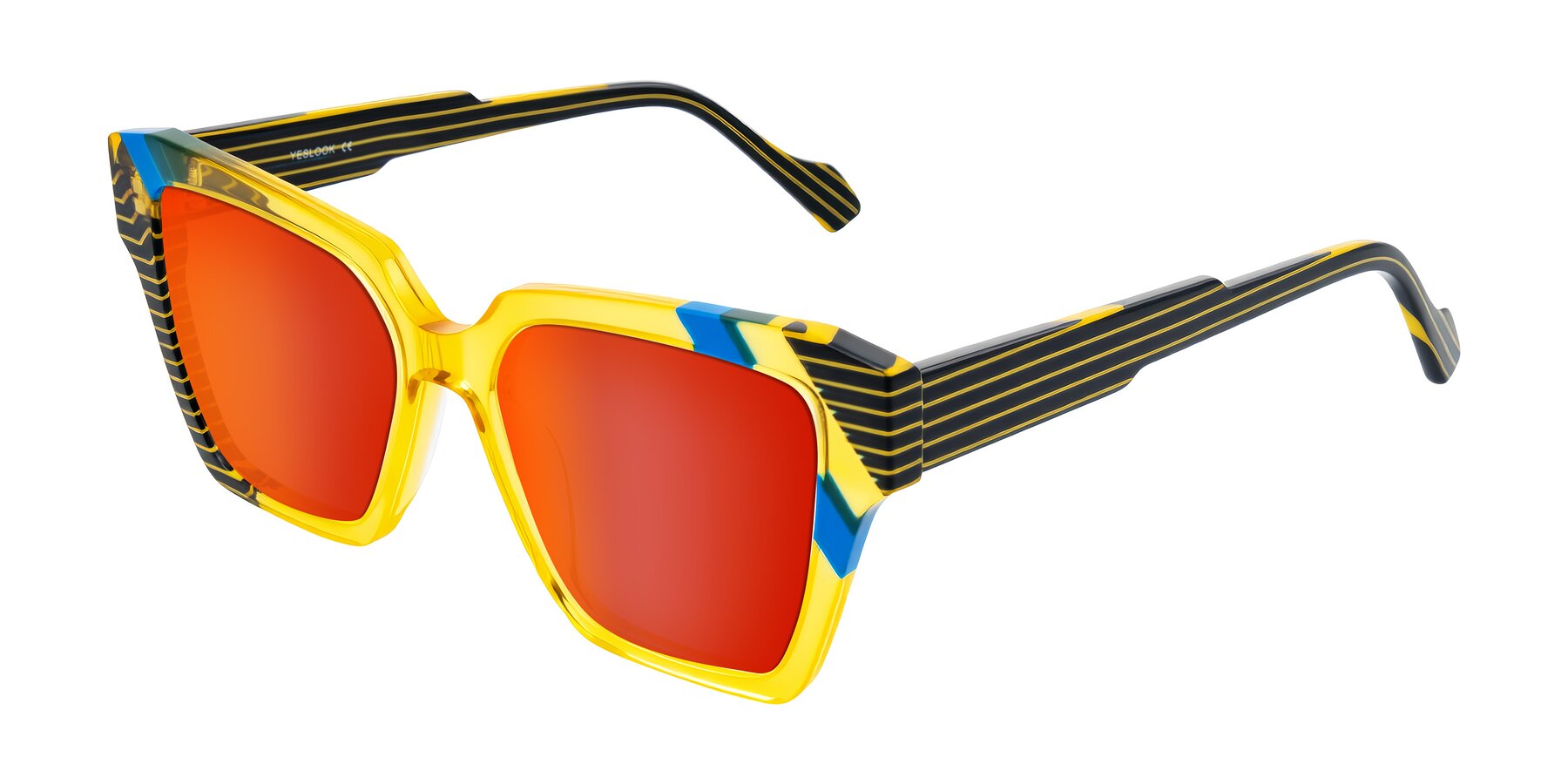 Angle of Widvale in Amber Deco with Red Gold Mirrored Lenses