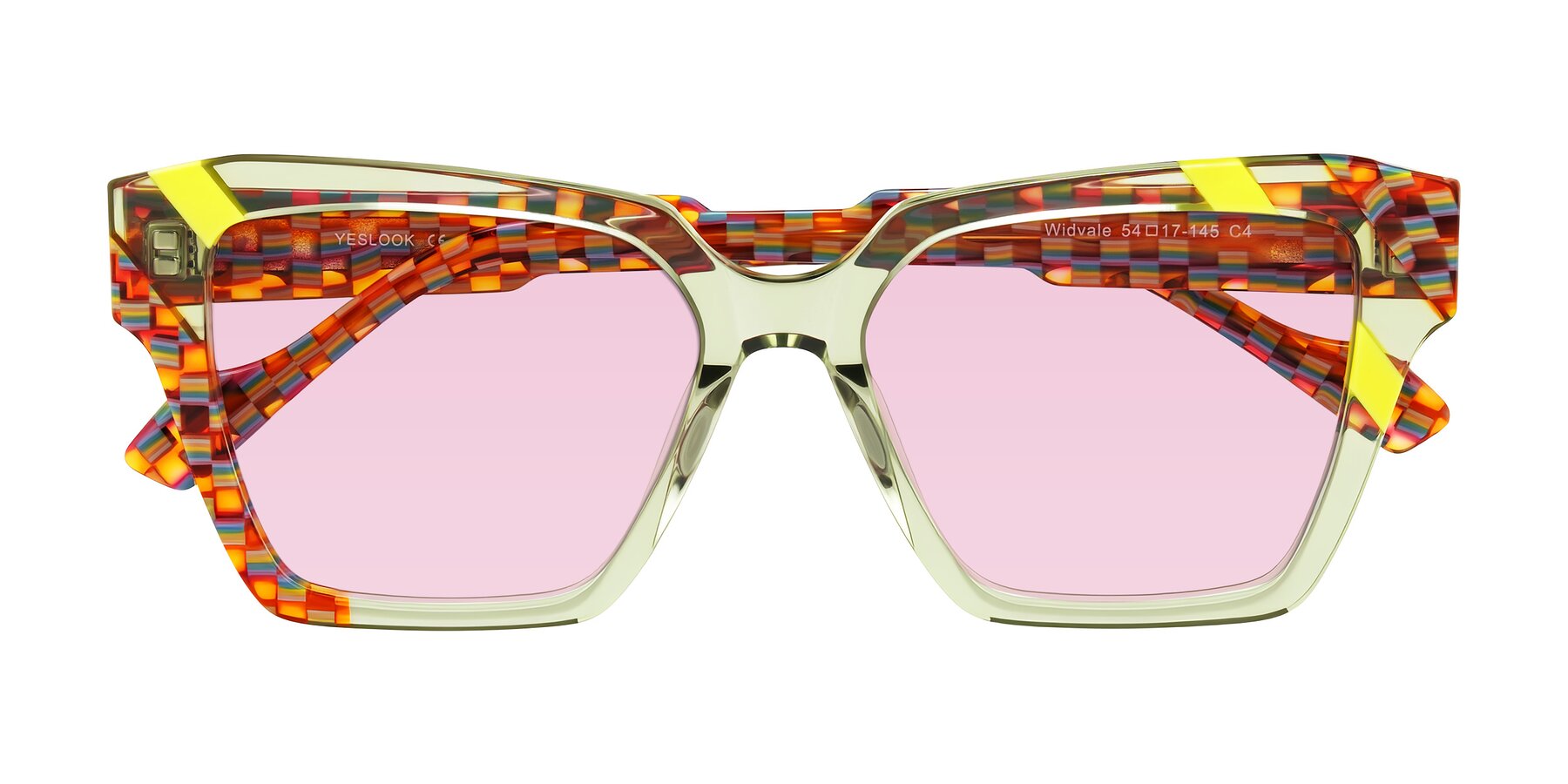 Folded Front of Widvale in Sage Mosaic with Light Pink Tinted Lenses