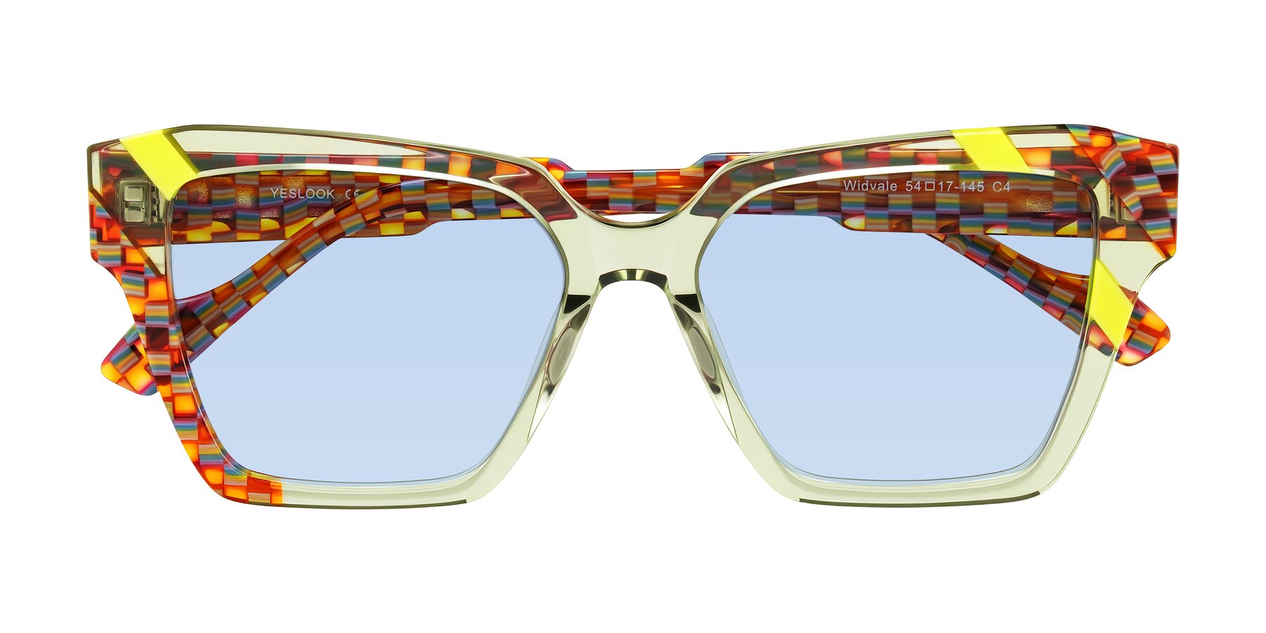 Folded Front of Widvale in Sage Mosaic with Light Blue Tinted Lenses
