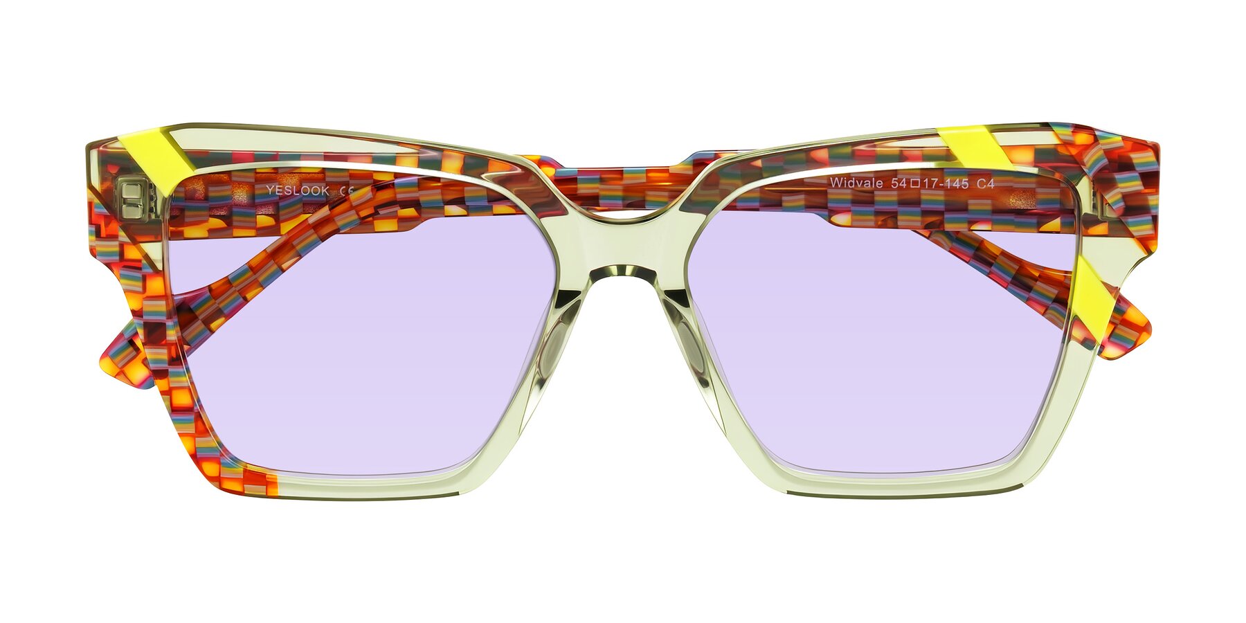 Folded Front of Widvale in Sage Mosaic with Light Purple Tinted Lenses