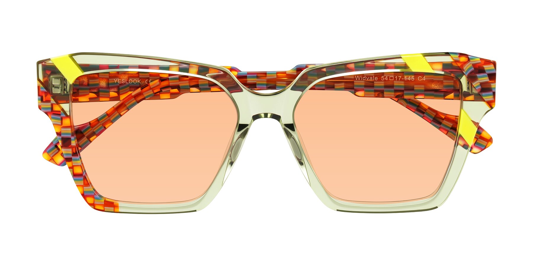 Folded Front of Widvale in Sage Mosaic with Light Orange Tinted Lenses