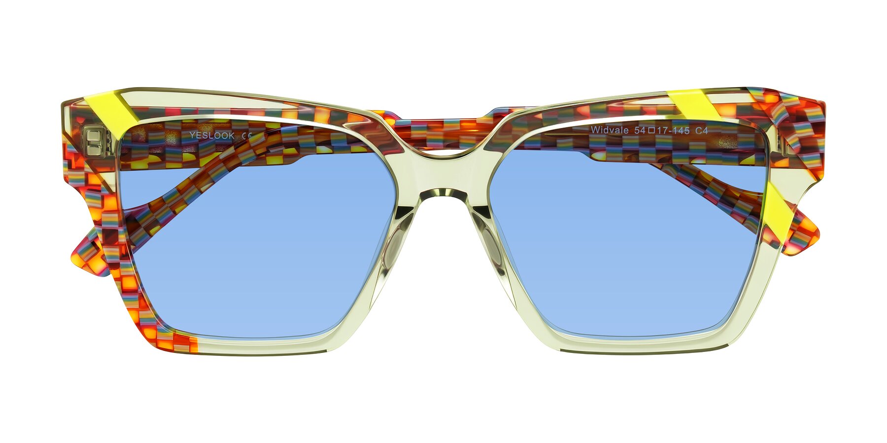 Folded Front of Widvale in Sage Mosaic with Medium Blue Tinted Lenses