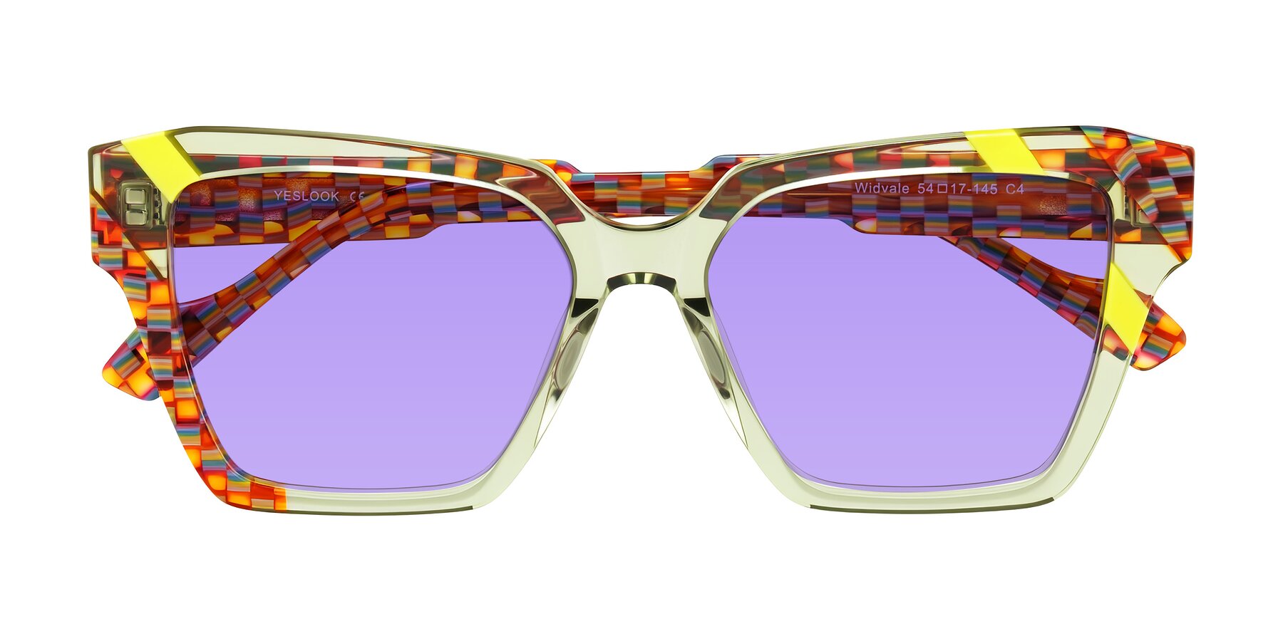 Folded Front of Widvale in Sage Mosaic with Medium Purple Tinted Lenses