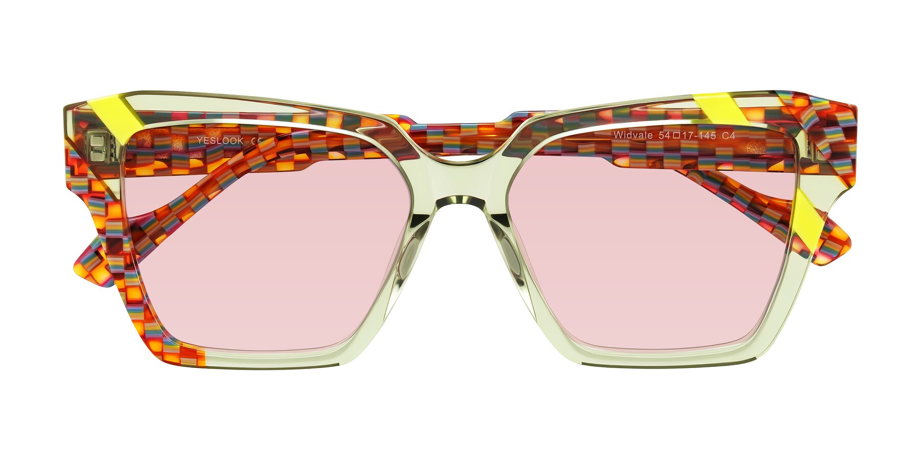 Folded Front of Widvale in Sage Mosaic with Light Garnet Tinted Lenses