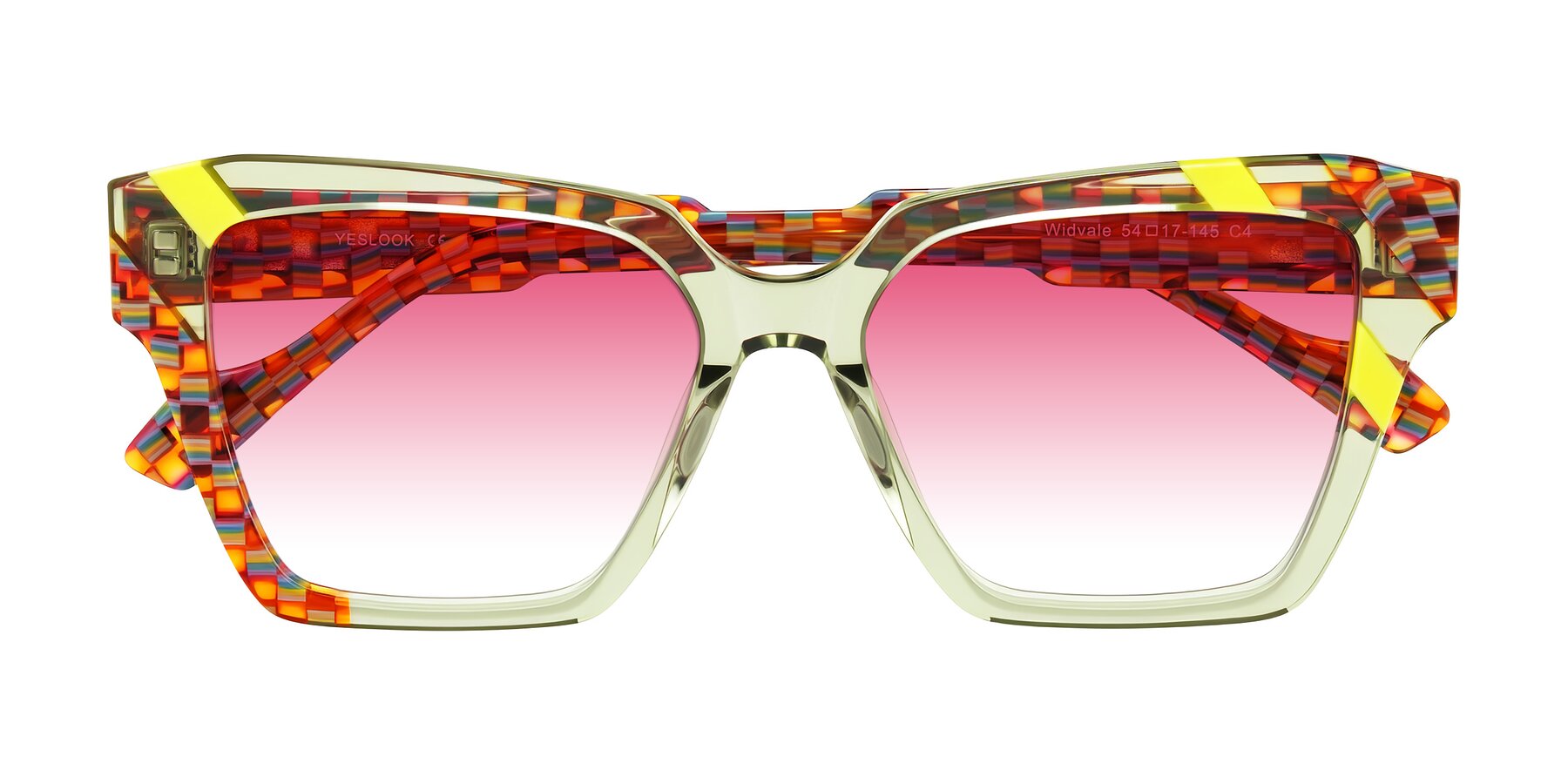 Folded Front of Widvale in Sage Mosaic with Pink Gradient Lenses