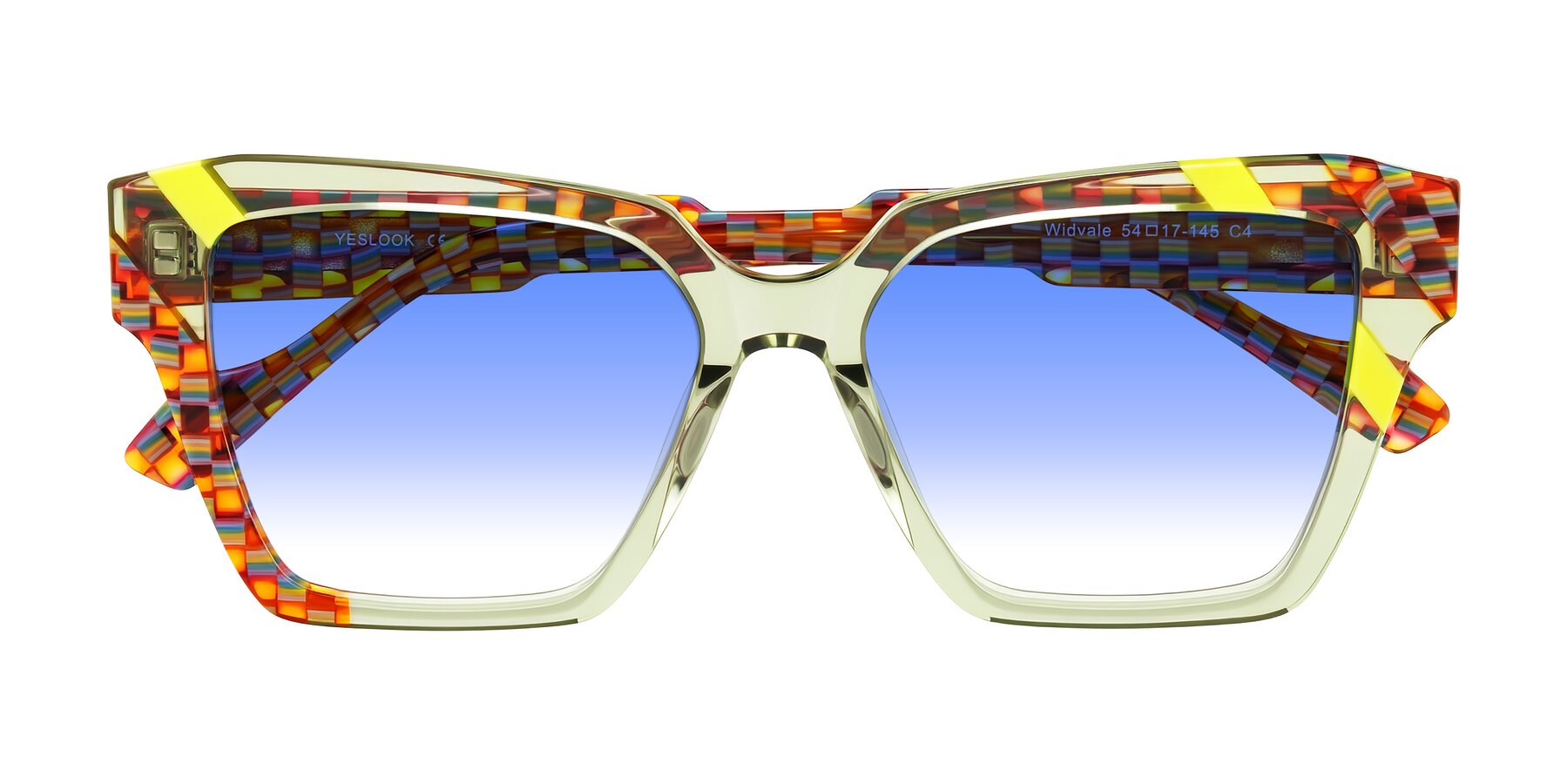 Folded Front of Widvale in Sage Mosaic with Blue Gradient Lenses