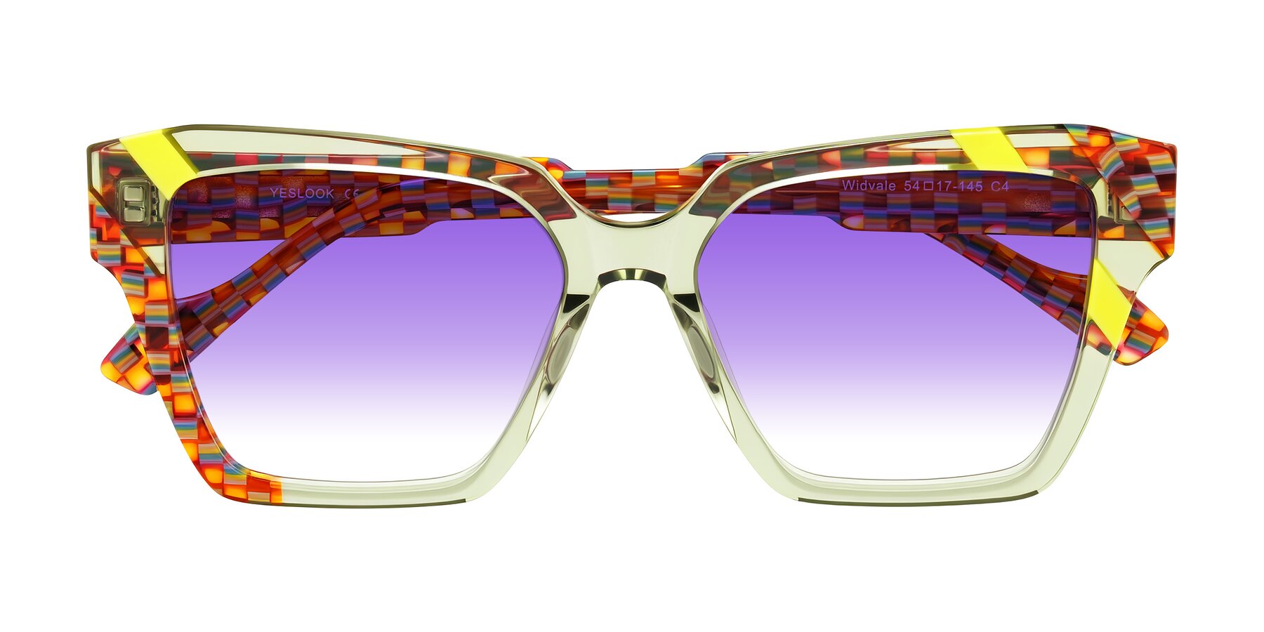Folded Front of Widvale in Sage Mosaic with Purple Gradient Lenses