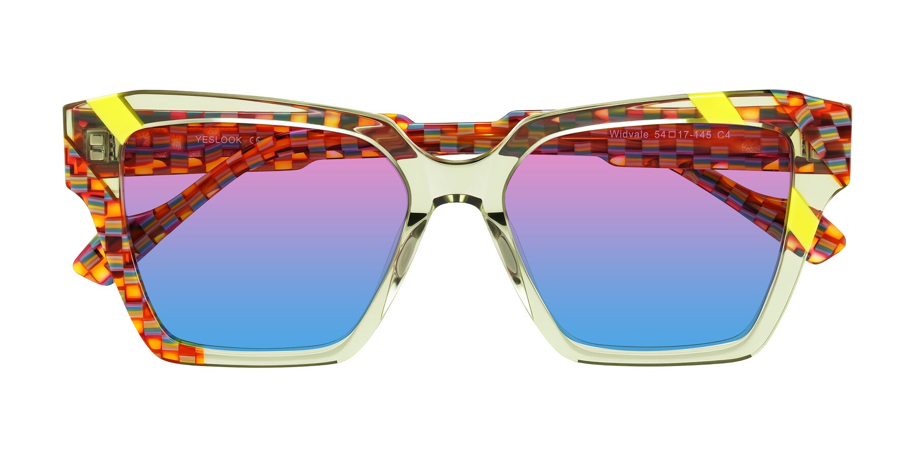 Folded Front of Widvale in Sage Mosaic with Pink / Blue Gradient Lenses