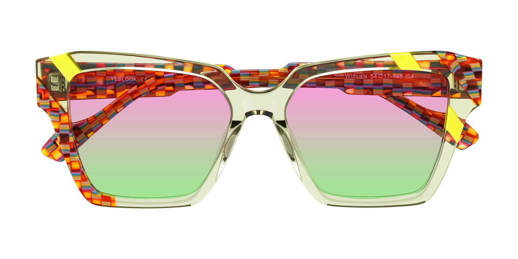Folded Front of Widvale in Sage Mosaic with Pink / Green Gradient Lenses