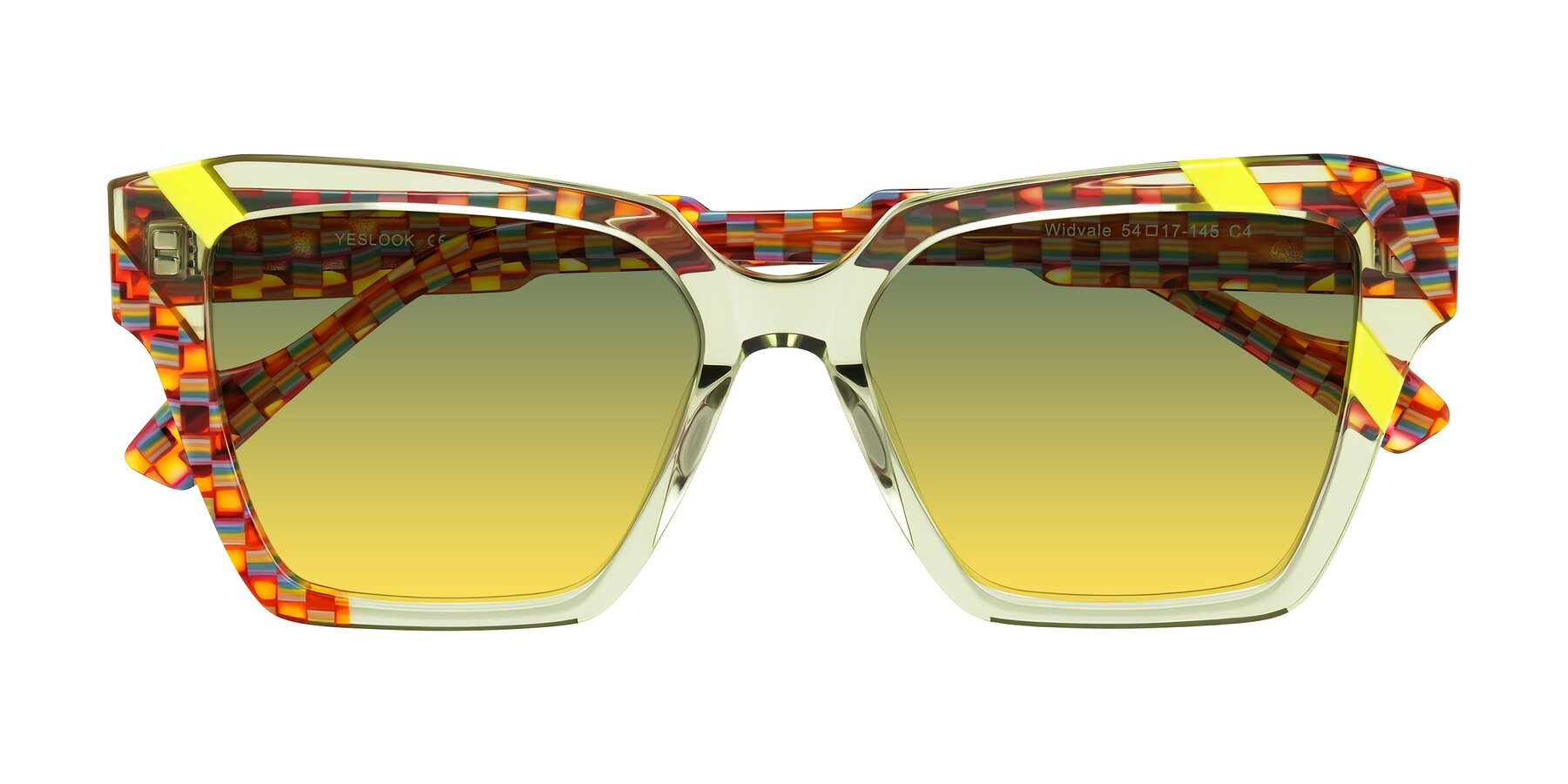 Folded Front of Widvale in Sage Mosaic with Green / Yellow Gradient Lenses