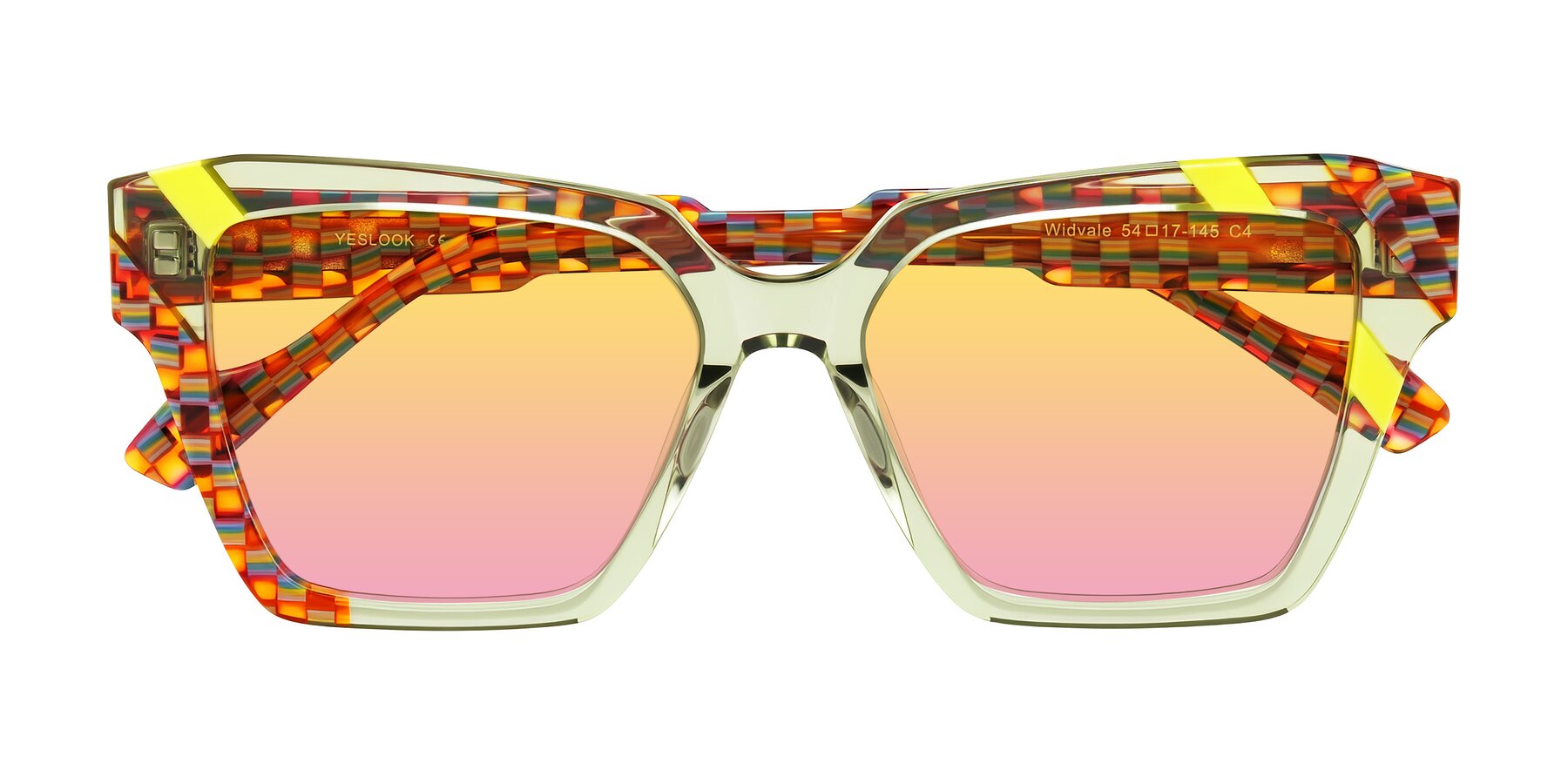 Folded Front of Widvale in Sage Mosaic with Yellow / Pink Gradient Lenses