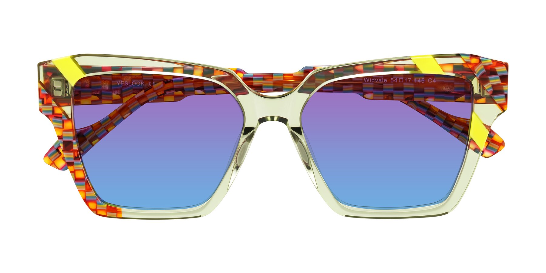 Folded Front of Widvale in Sage Mosaic with Purple / Blue Gradient Lenses